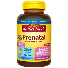 Nature Made front packaging showing 90-count prenatal bottle and benefits