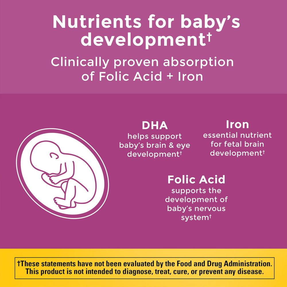 Close-up of Nature Made prenatal softgels highlighting smooth liquid texture and easy swallow