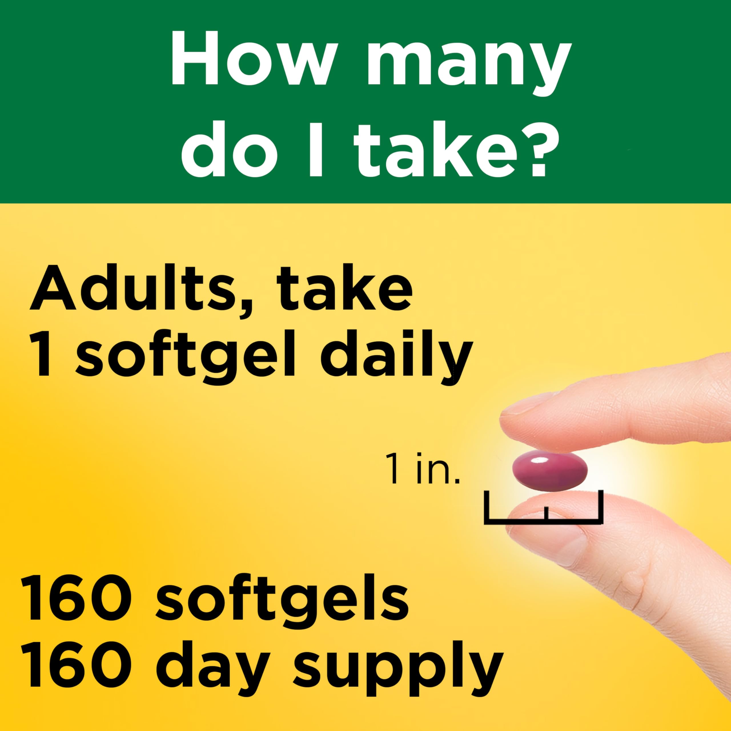 Nature Made softgel next to a ruler showing size and portion clarity benefit