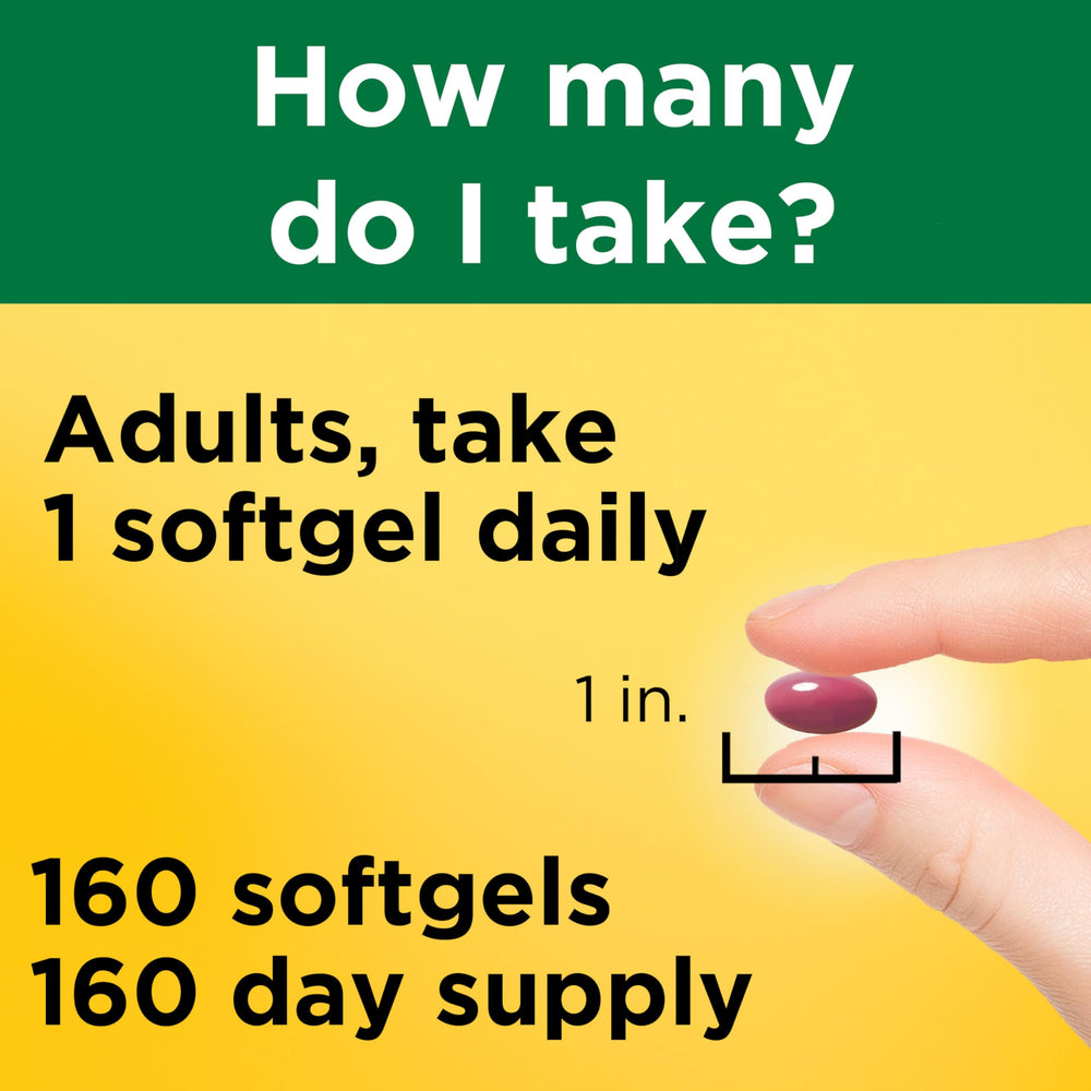 Nature Made softgel next to a ruler showing size and portion clarity benefit