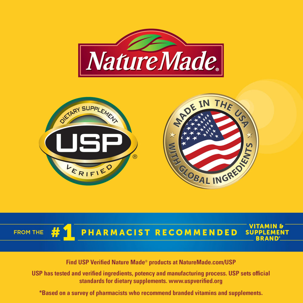 Nature Made USP verified badge beside bottle indicating tested quality