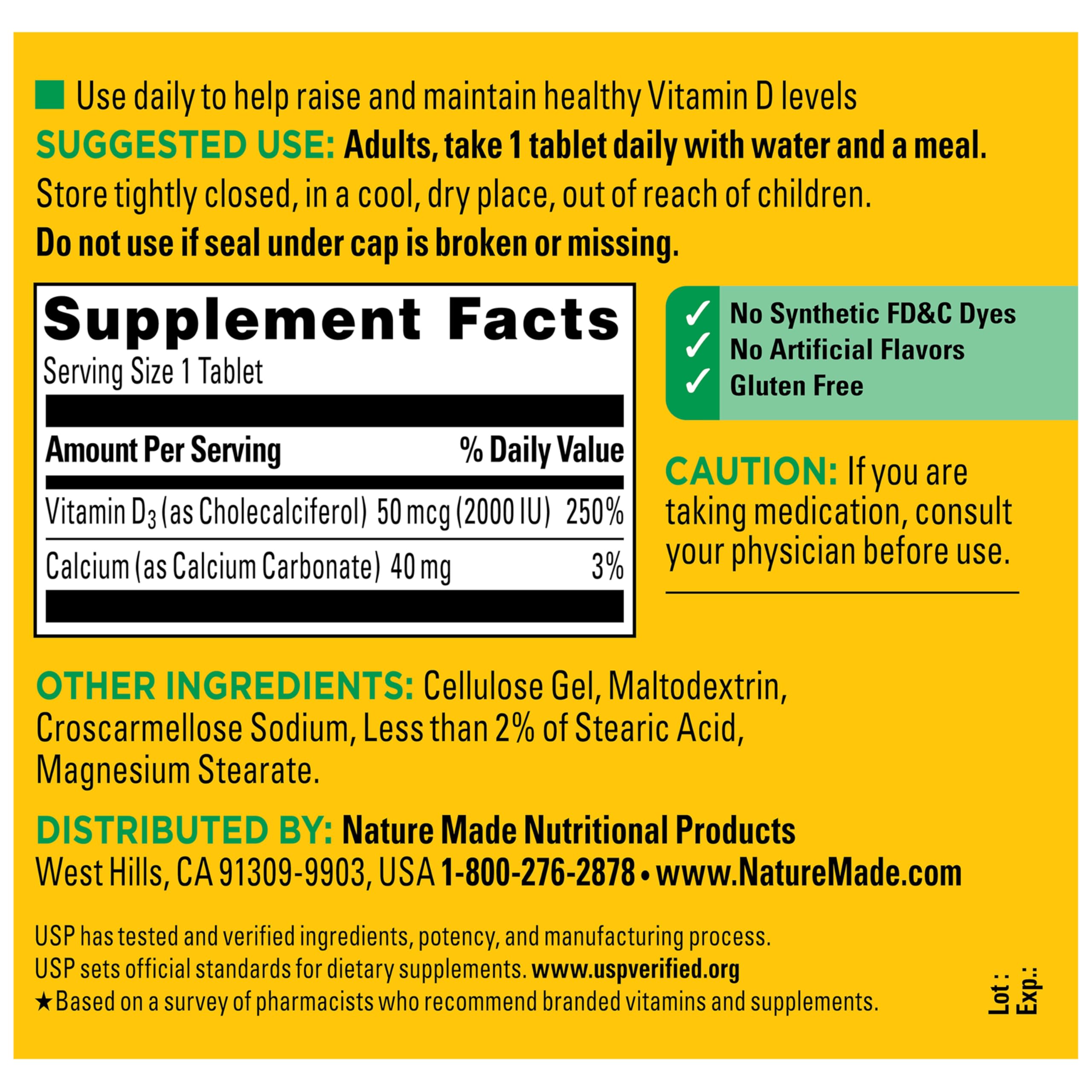 Nature Made bottle back label displaying supplement facts for ingredient transparency
