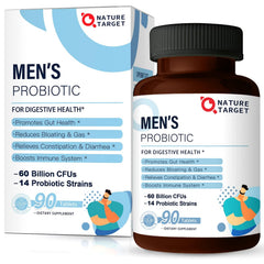 NATURE TARGET front packaging showing bottle and 90 veggie tablets benefits