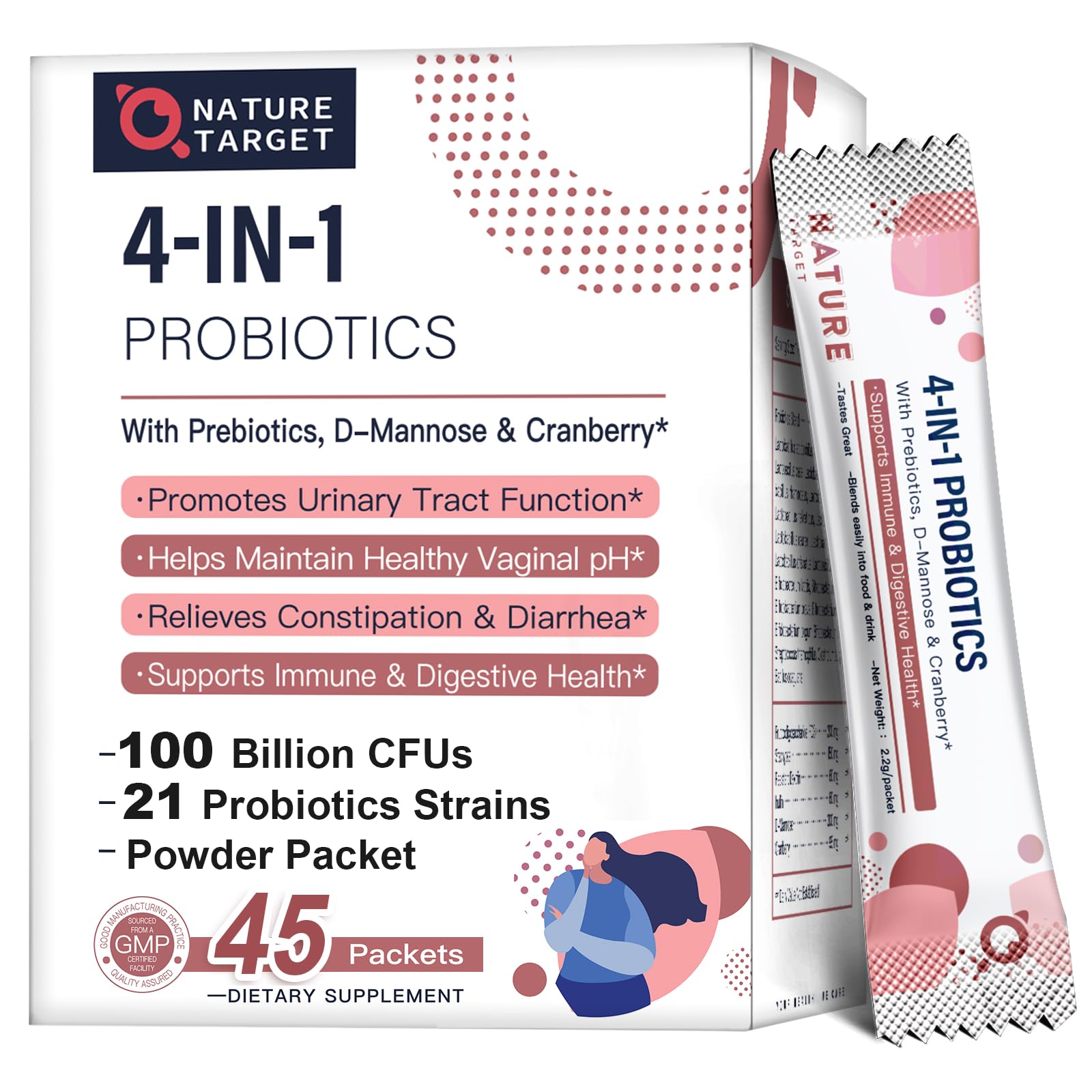 NATURE TARGET front pouch showing product benefits and 45-serving count