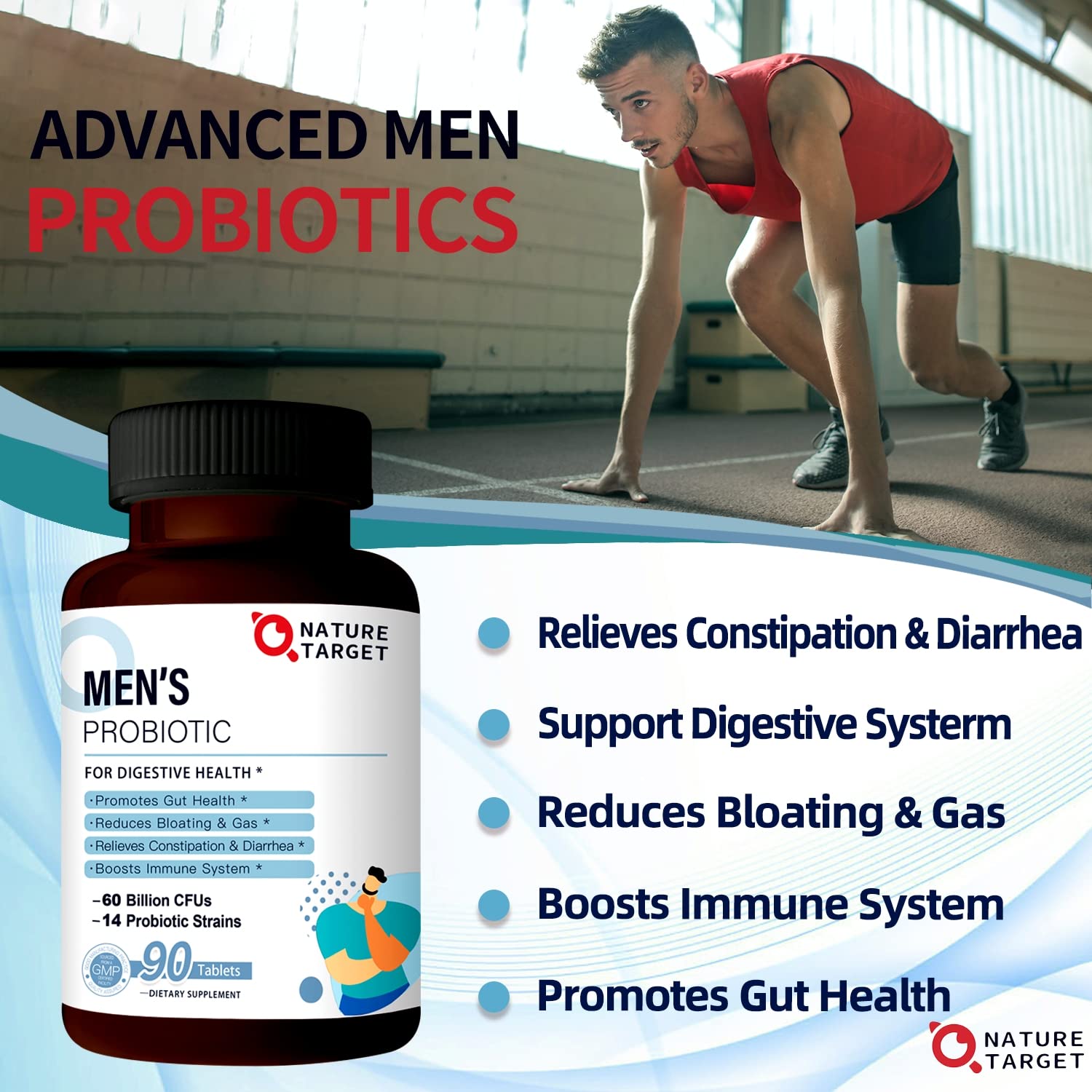 NATURE TARGET man taking a tablet illustrating daily digestive support