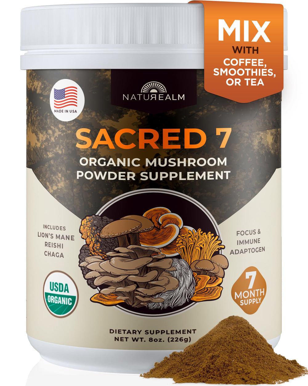 Naturealm sacred 7 front jar view showing product branding and benefits