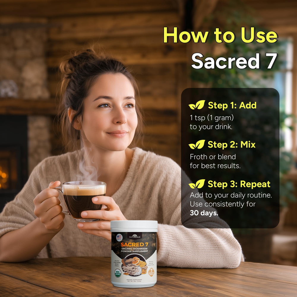 Naturealm sacred 7 label with USDA Organic and third-party testing badges