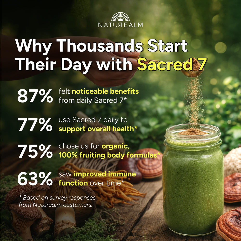 Naturealm sacred 7 blended into smoothie illustrating versatile use