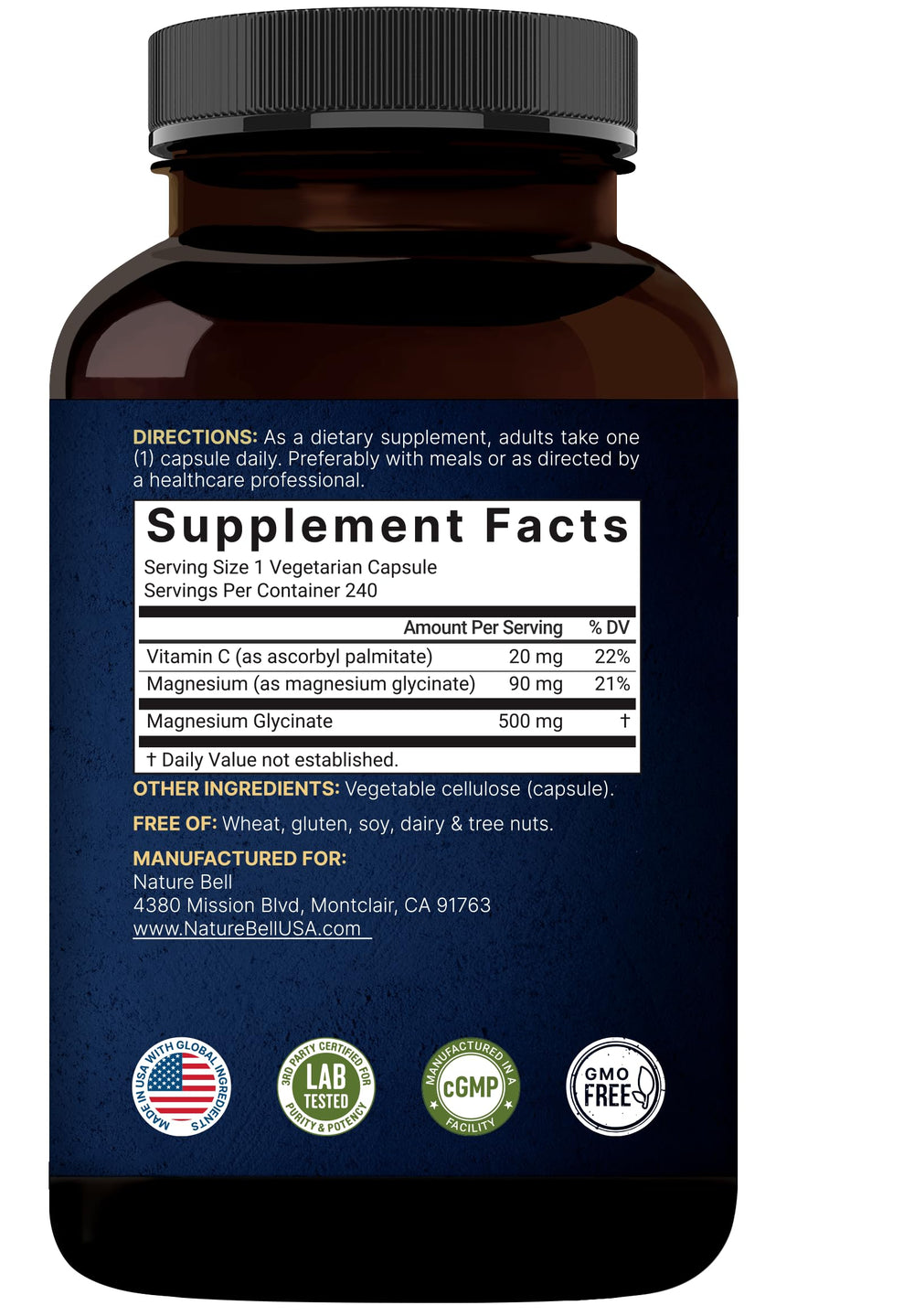 NatureBell raw ingredient display emphasizing chelated magnesium and vitamin C sources