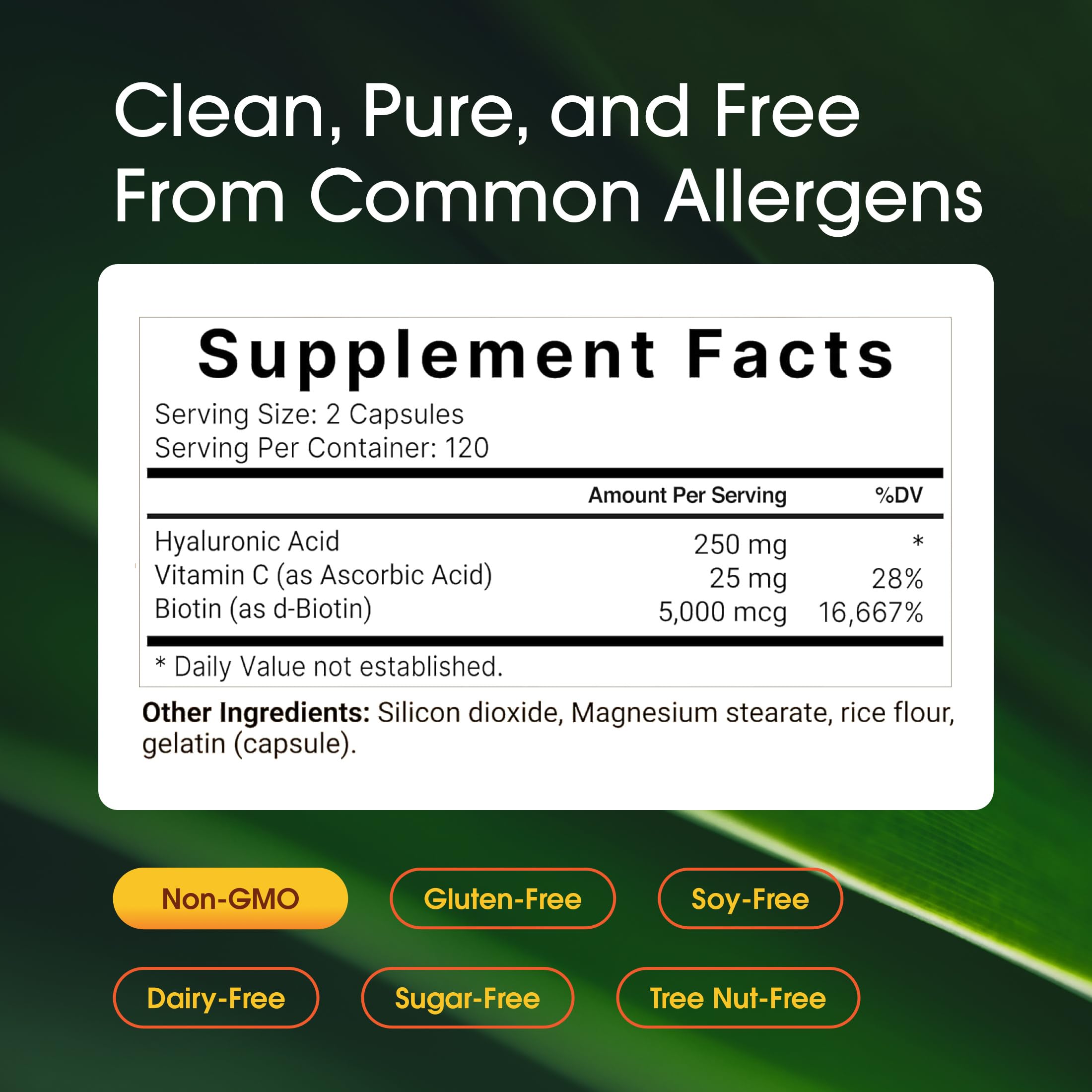 NatureBell label detail showing hyaluronic acid, biotin, vitamin C benefits