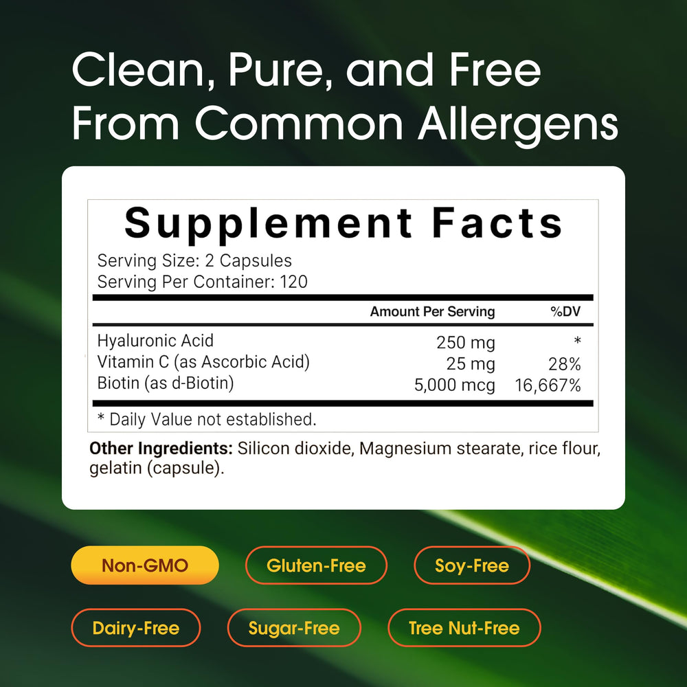 NatureBell label detail showing hyaluronic acid, biotin, vitamin C benefits