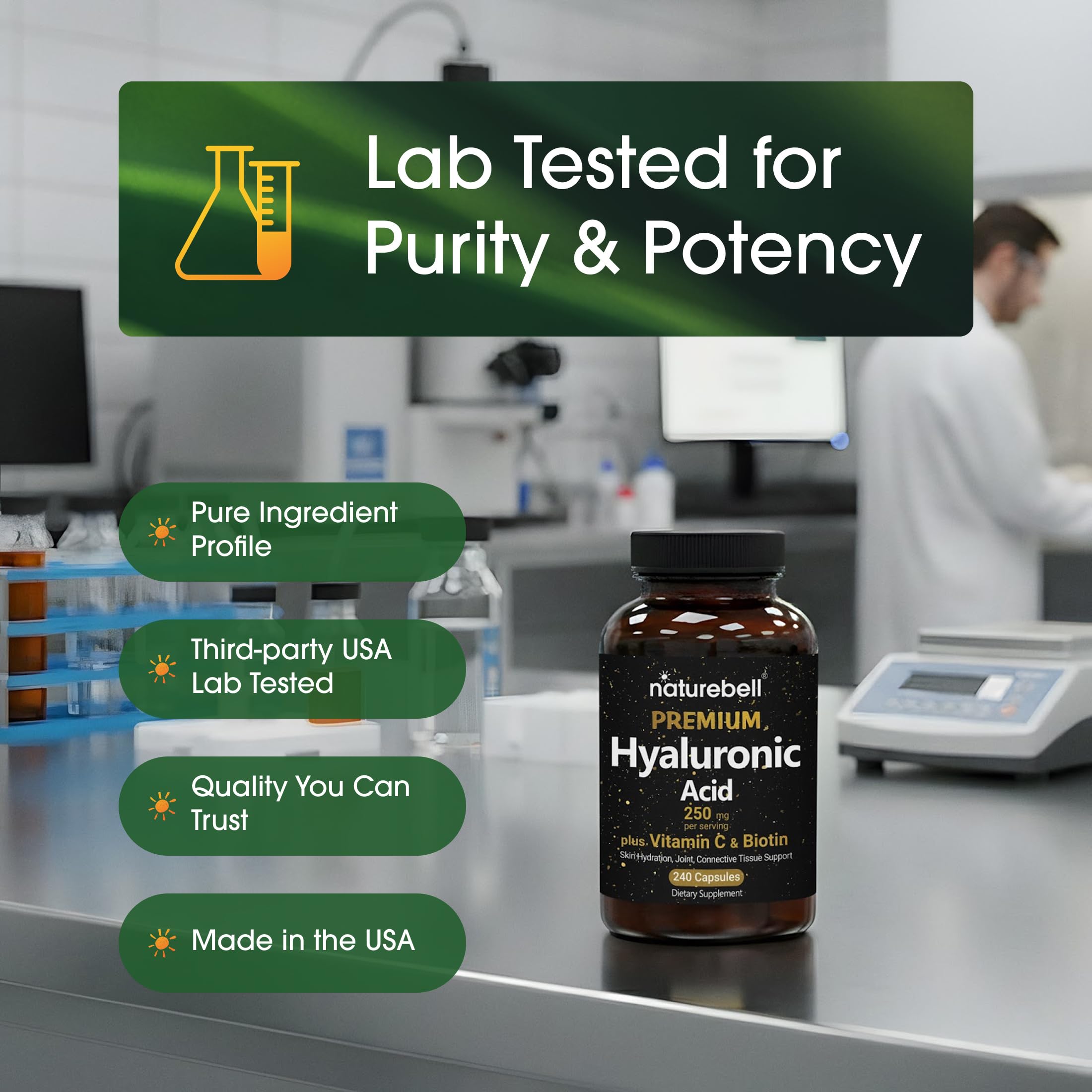 NatureBell ingredient display with hyaluronic powder emphasizing purity