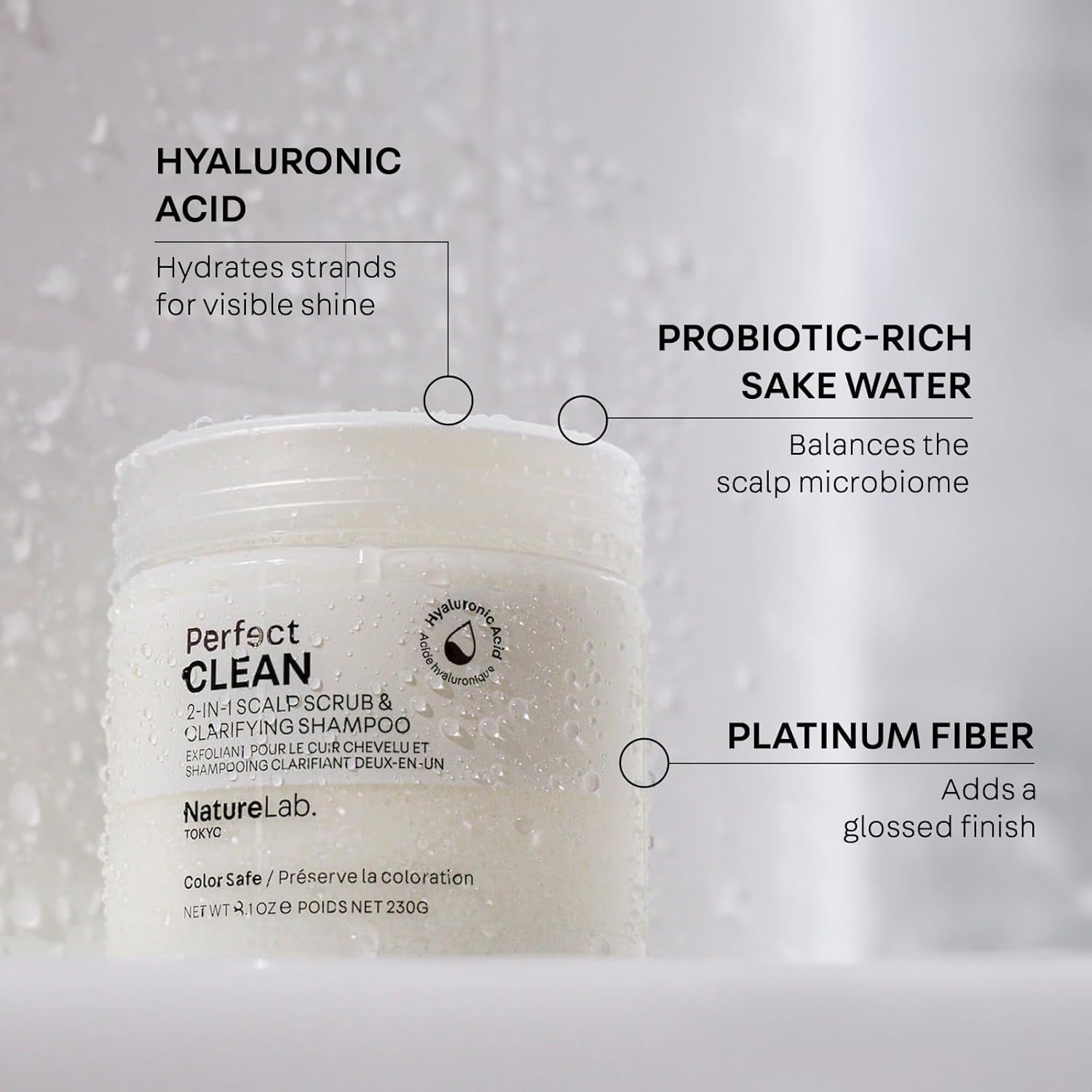NatureLab.TOKYO shampoo lather on hand illustrating easy rinse benefit