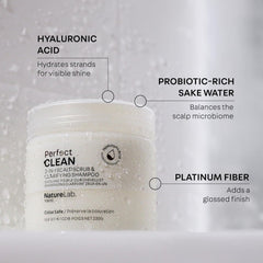 NatureLab.TOKYO shampoo lather on hand illustrating easy rinse benefit