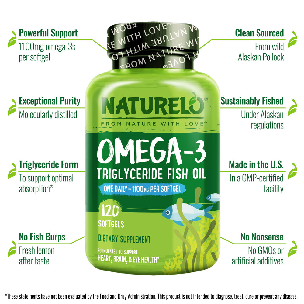 NATURELO bottle open with softgels spilling, illustrating one-per-day supply
