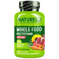 NATURELO front packaging showing teen multivitamin bottle and benefits