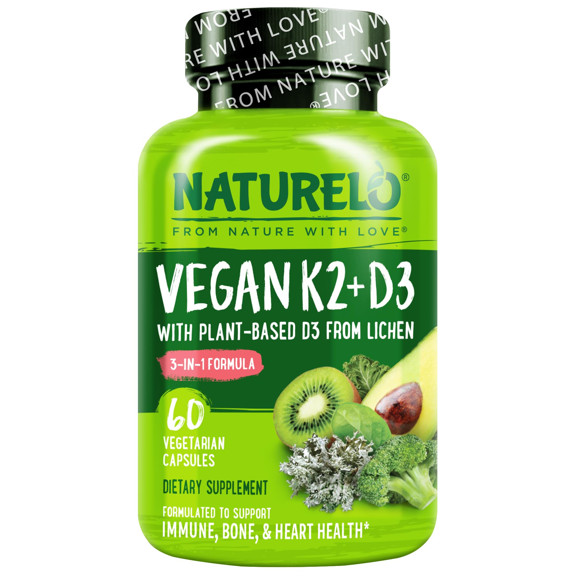 NATURELO front packaging shows bottle and label with vegan benefit