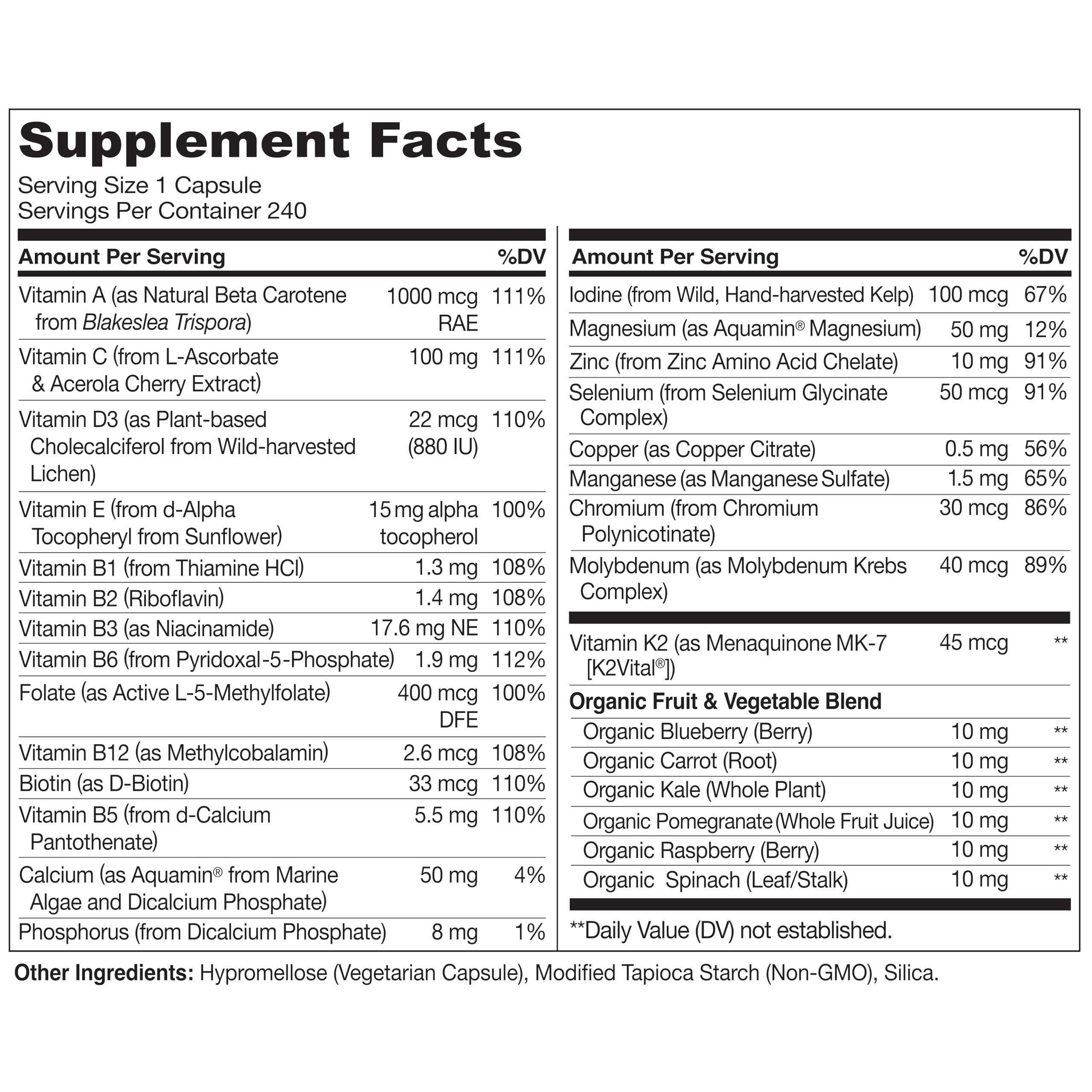 NATURELO label close-up highlighting key nutrients and transparent dosing
