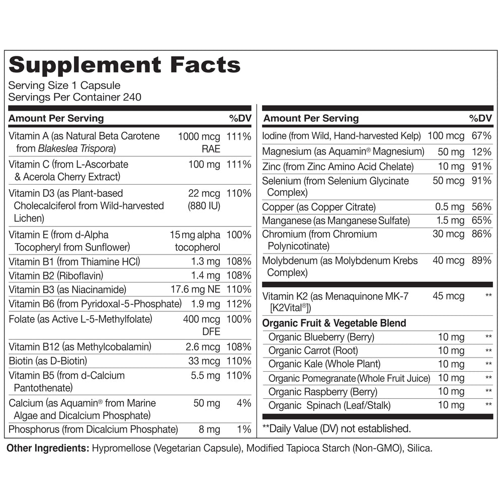 NATURELO label close-up highlighting key nutrients and transparent dosing