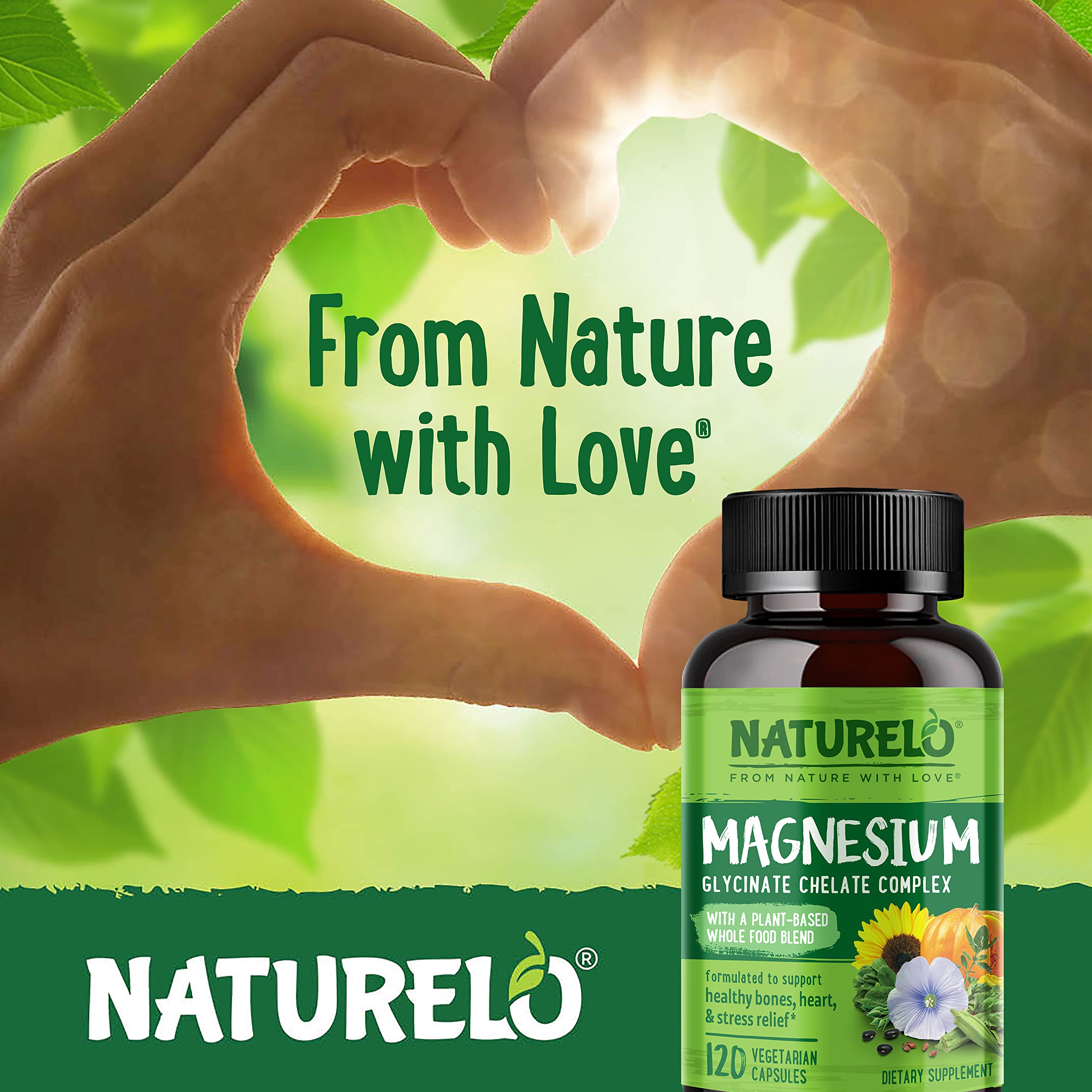 Open NATURELO bottle with tablets spilling slightly, indicating the 120-count supply and accessibility