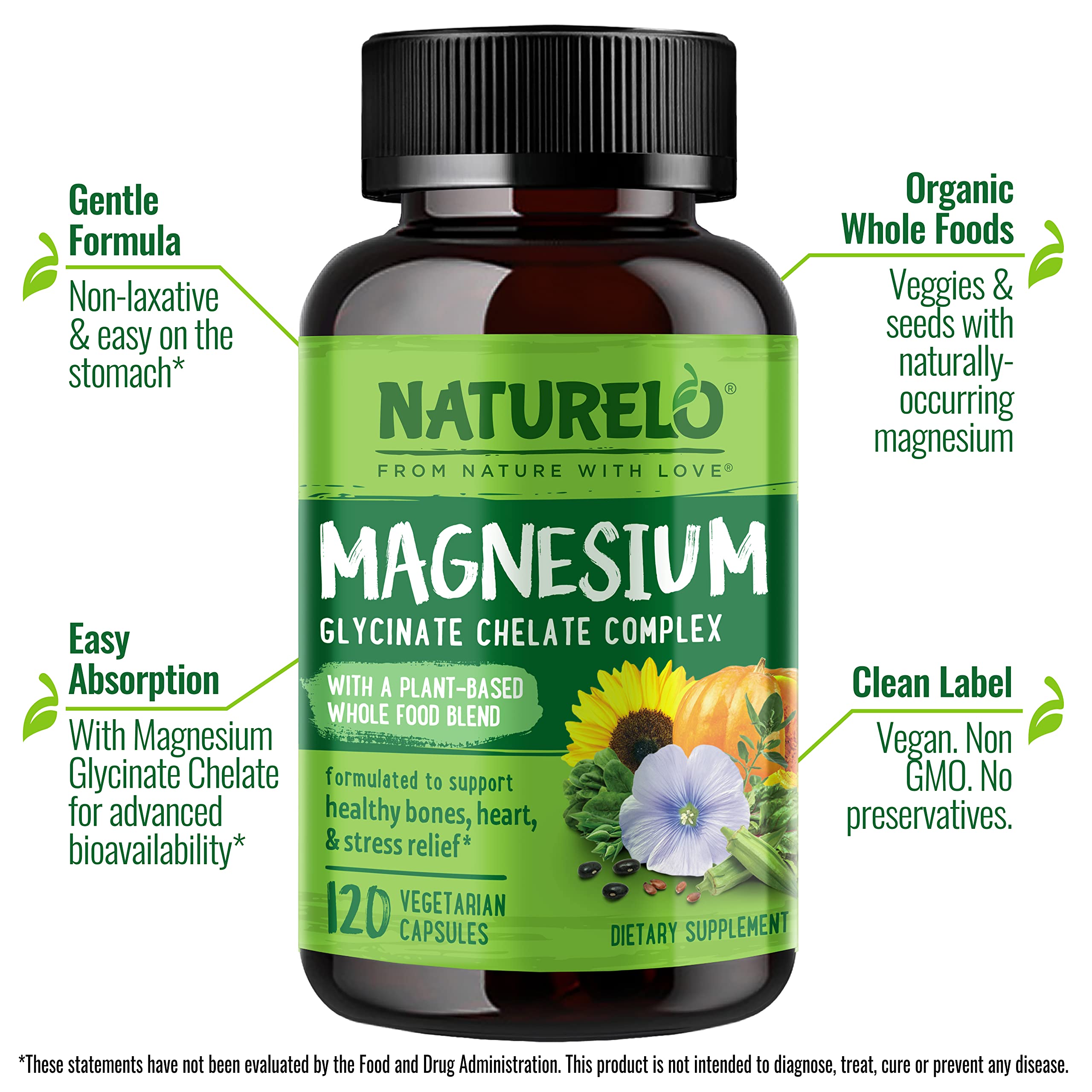 NATURELO close-up of magnesium glycinate tablets, highlighting smooth tablet texture and easy swallowing