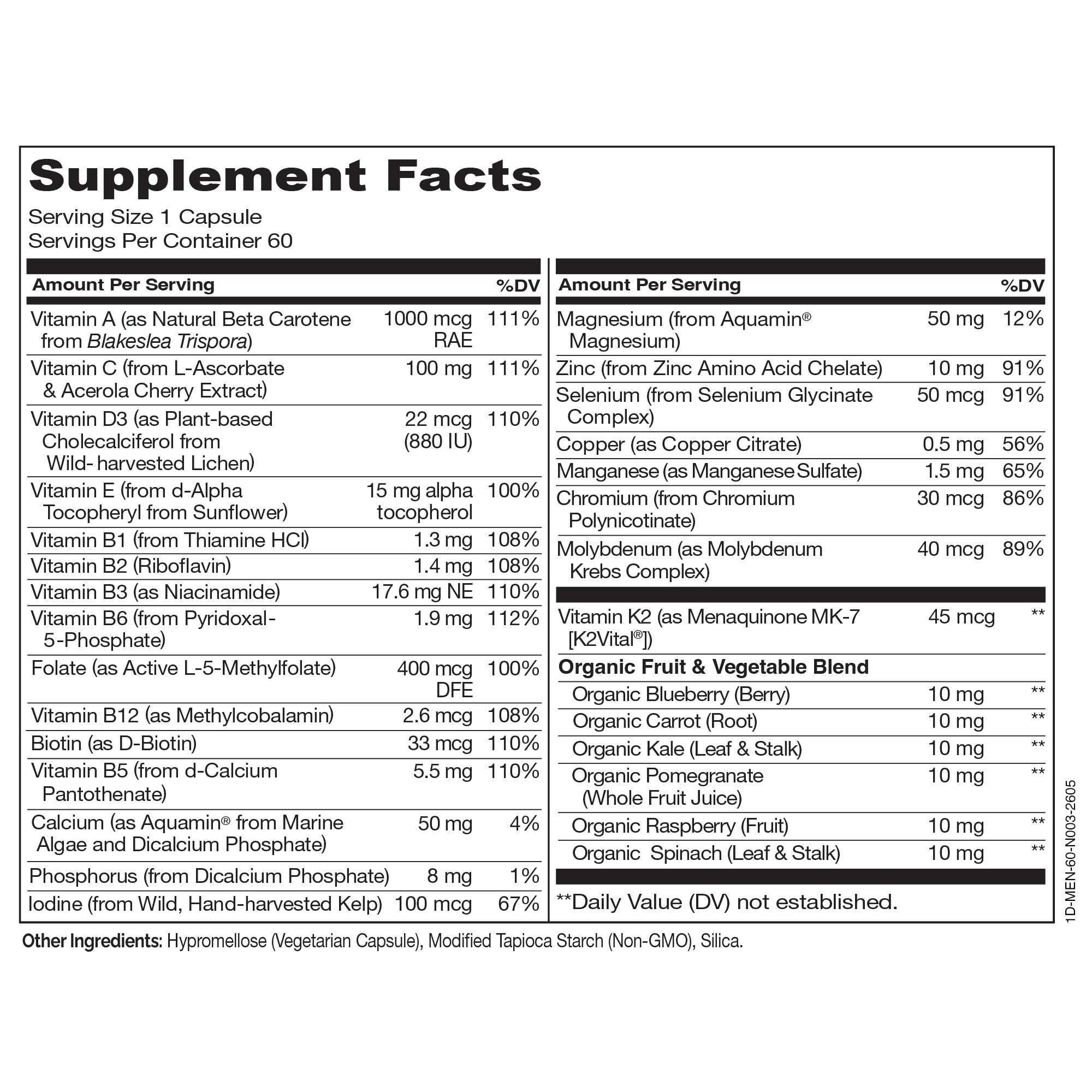 NATURELO supplement facts label highlighting bioavailable vitamins and minerals