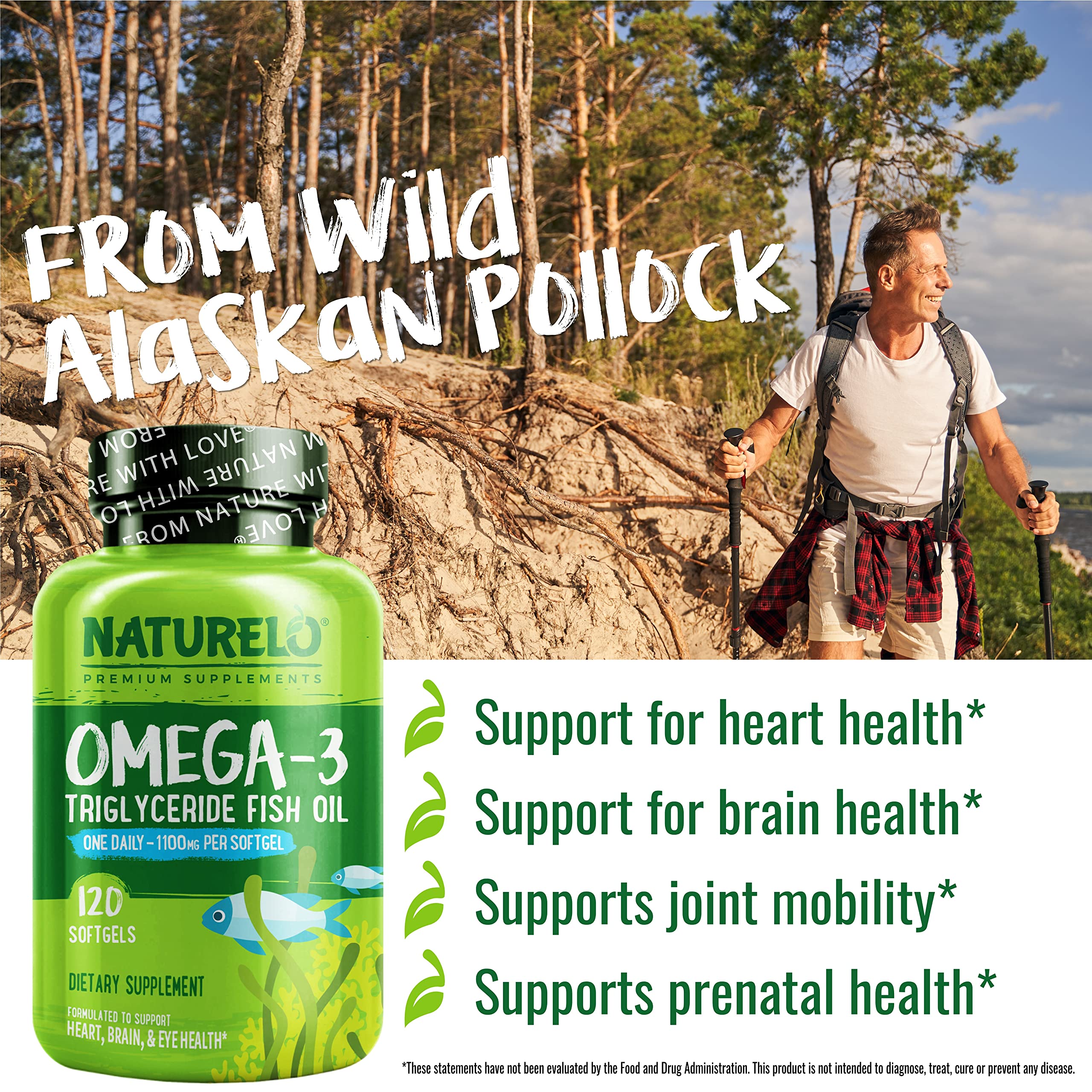 NATURELO supplement facts panel displaying 1100 mg omega-3 per softgel
