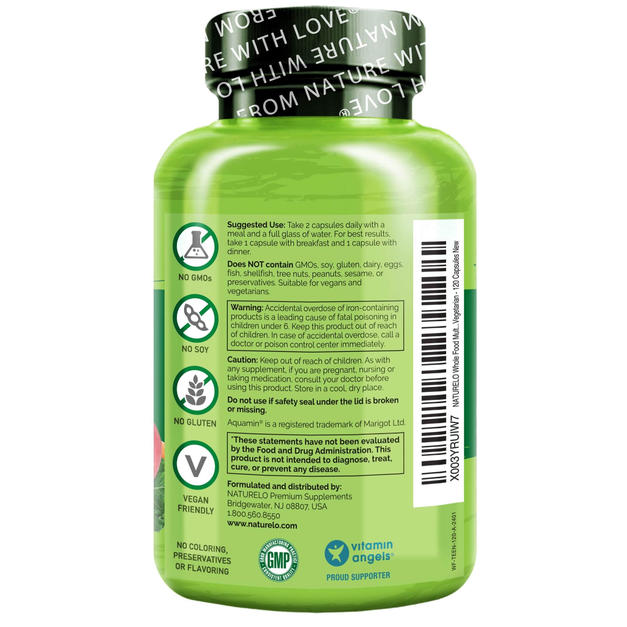 NATURELO supplement facts panel showing activated B vitamins and minerals