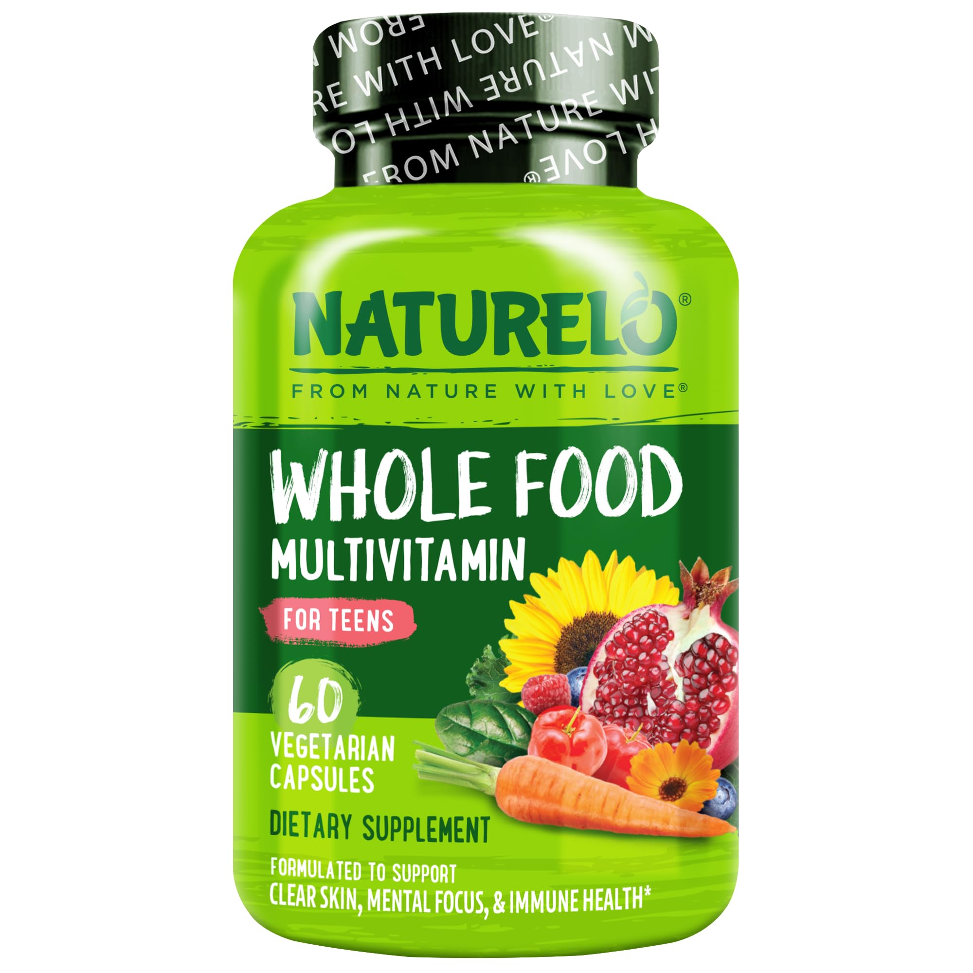 NATURELO teen multivitamin front packaging showing clean-label benefits