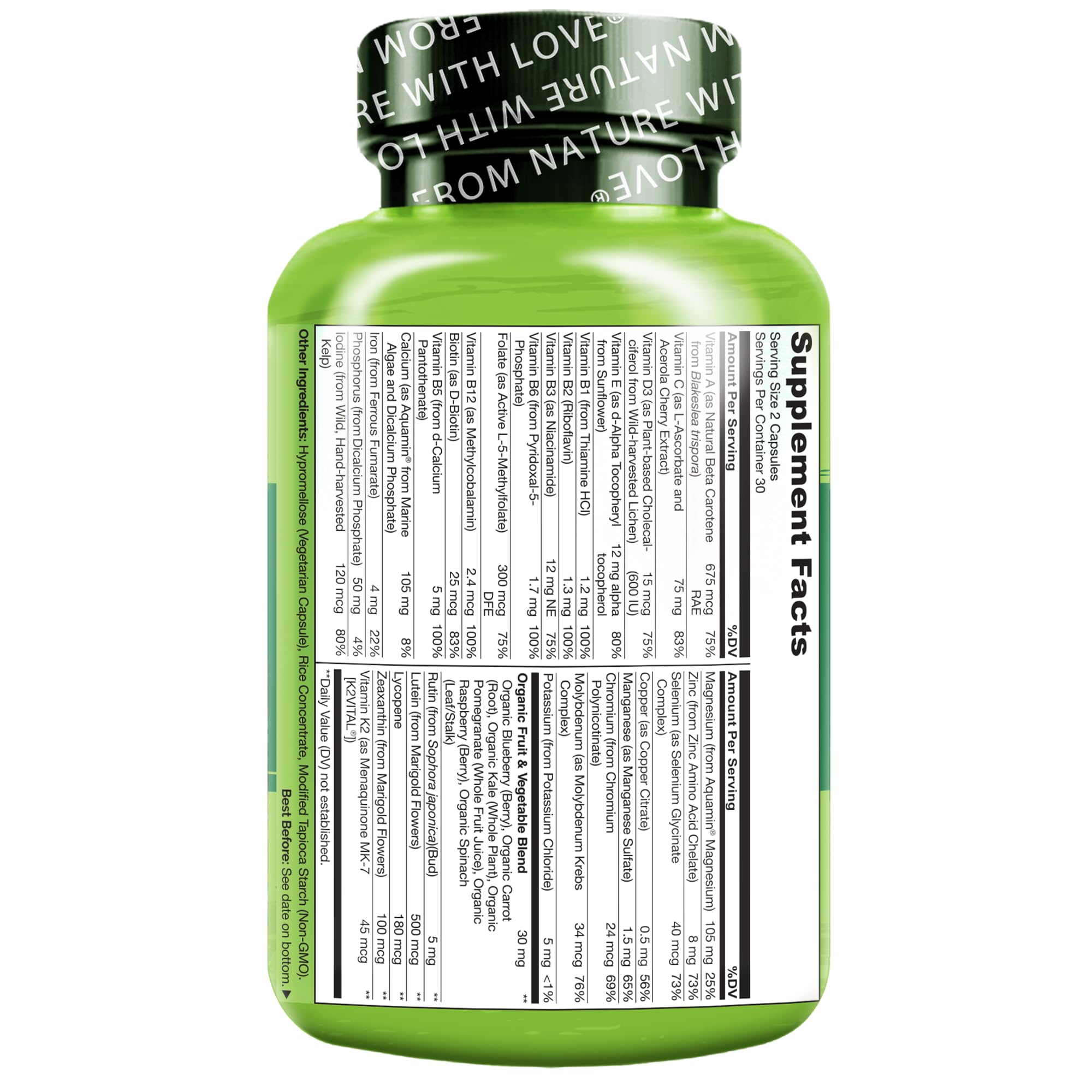 NATURELO fruit and vegetable concentrates used in formula, showing natural sources