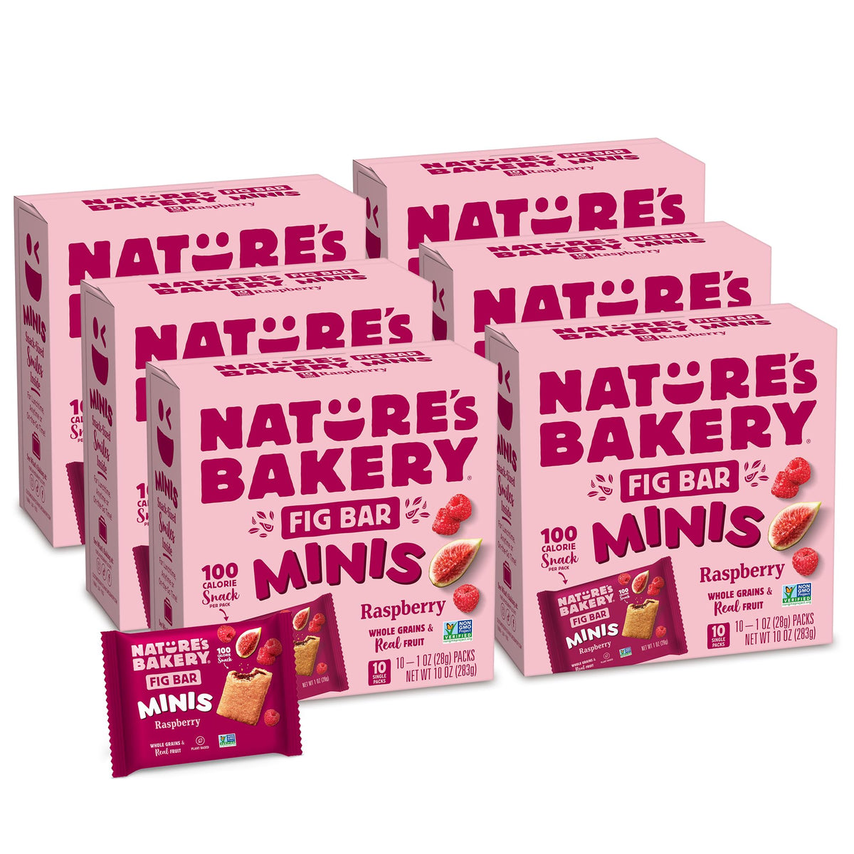 Nature's Bakery front packaging showing raspberry fig minis, convenient portability