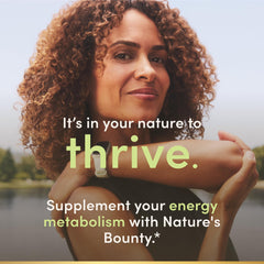 Nature's Bounty bottle next to coin showing count and travel-ready benefit