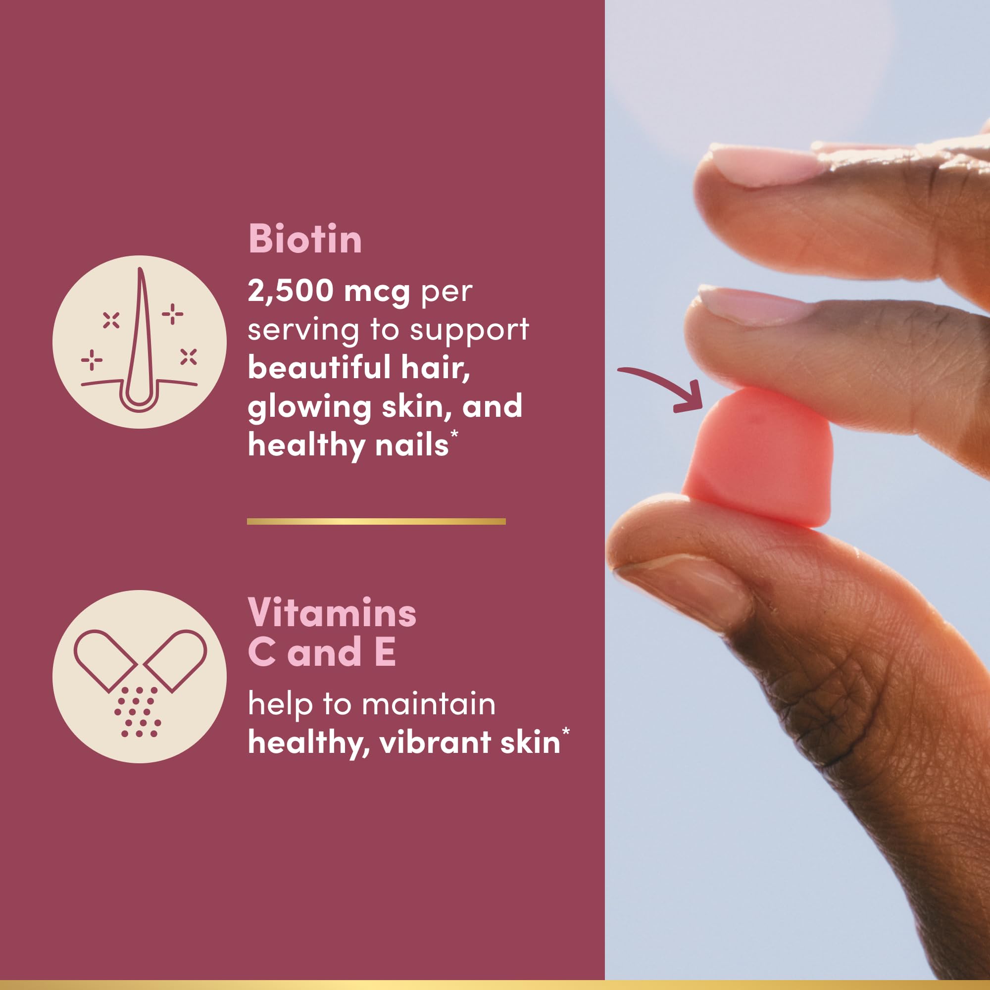 Nature's Bounty gummies on hand showing serving size and chewable convenience