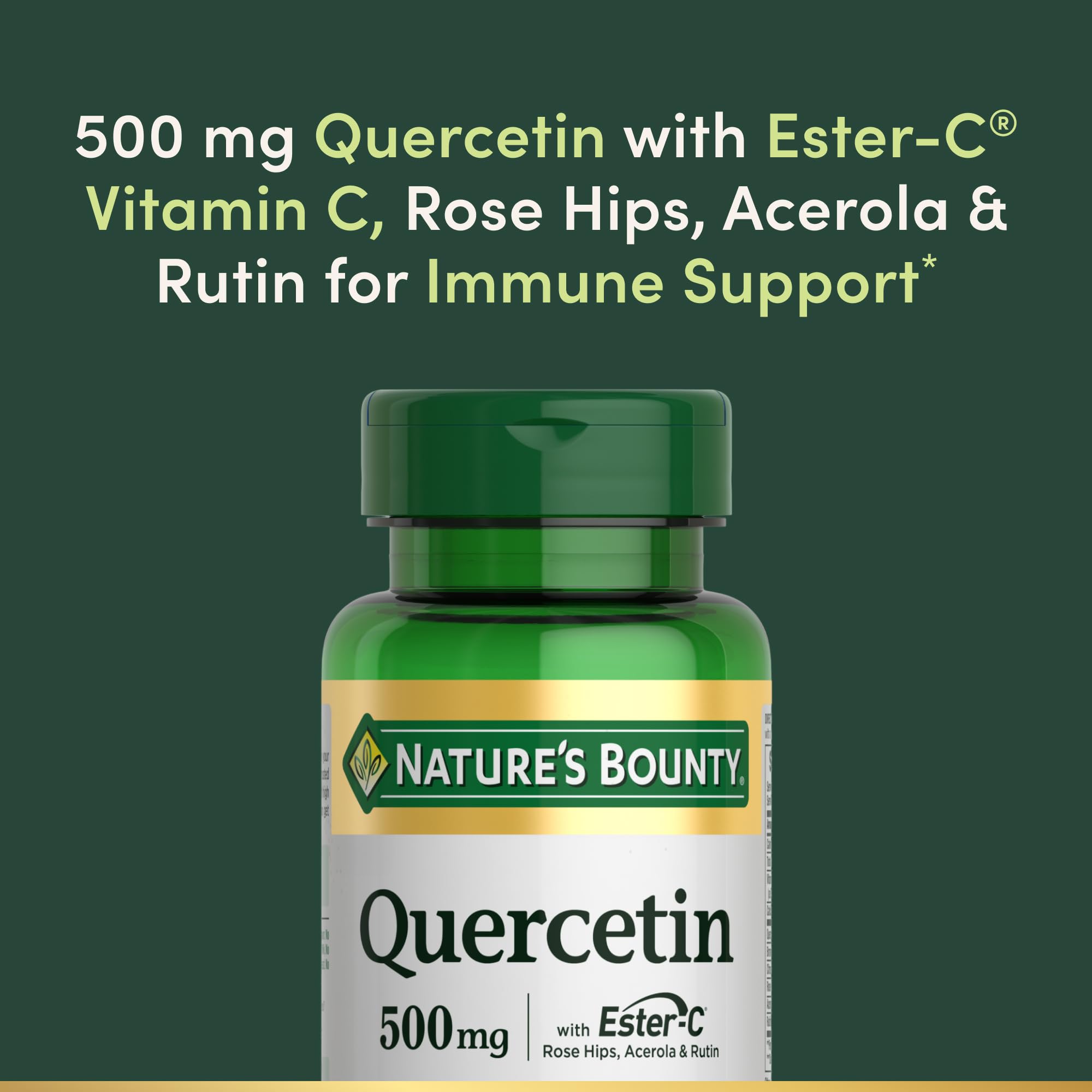 Nature's Bounty capsules beside quercetin-rich berries and onion