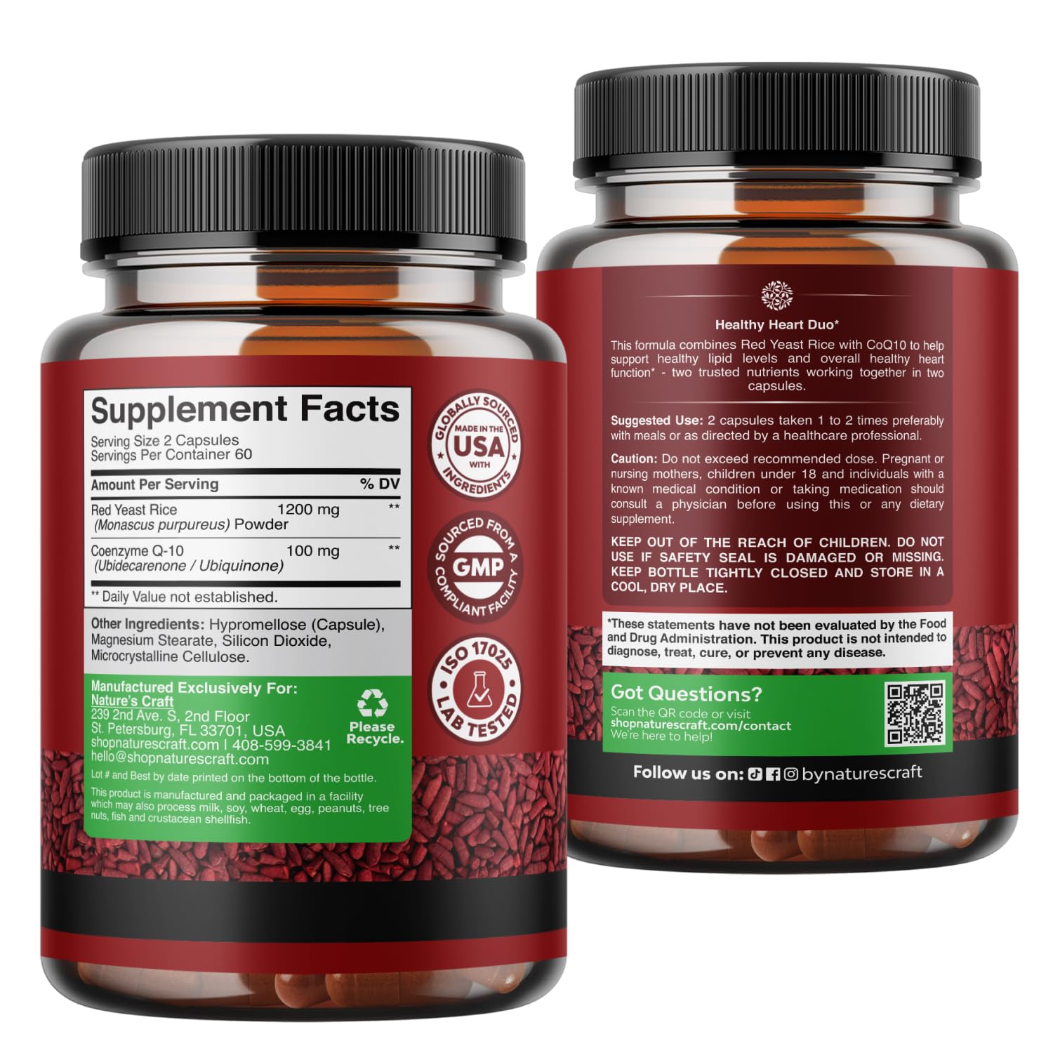 Natures Craft ingredient flatlay showing red yeast rice and CoQ10