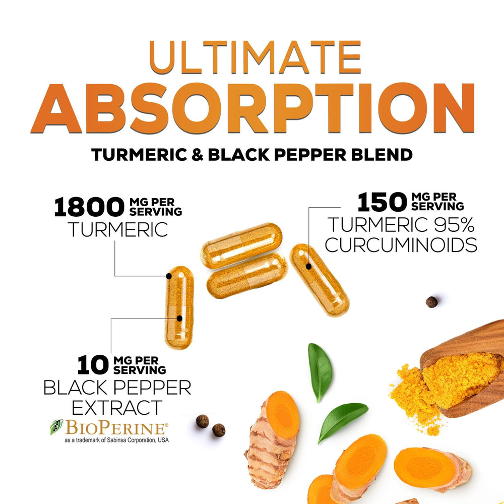 Nature's Nutrition supplement facts label highlighting organic turmeric and BioPerine