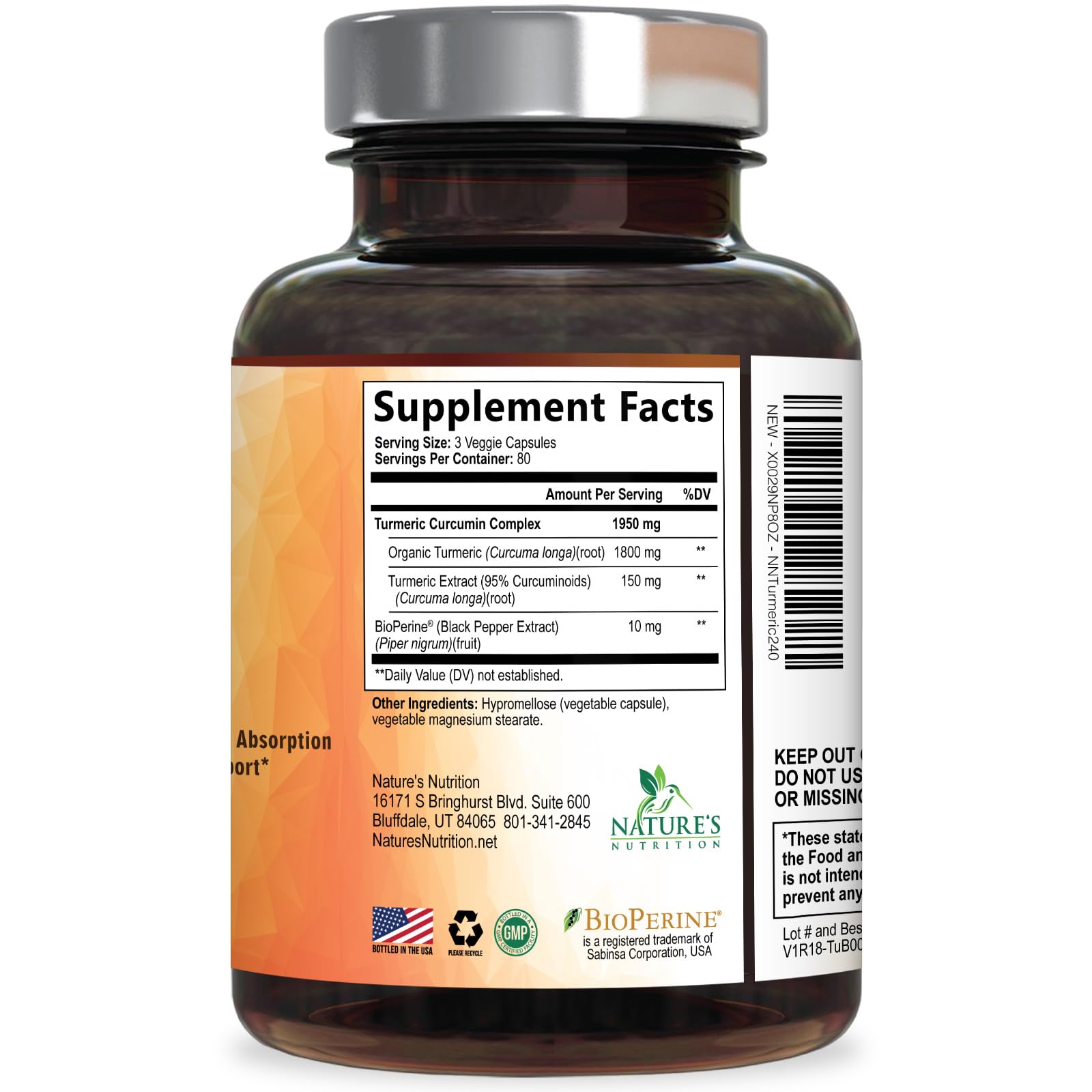 Nature's Nutrition manufacturing label 'Bottled in USA' indicating quality control