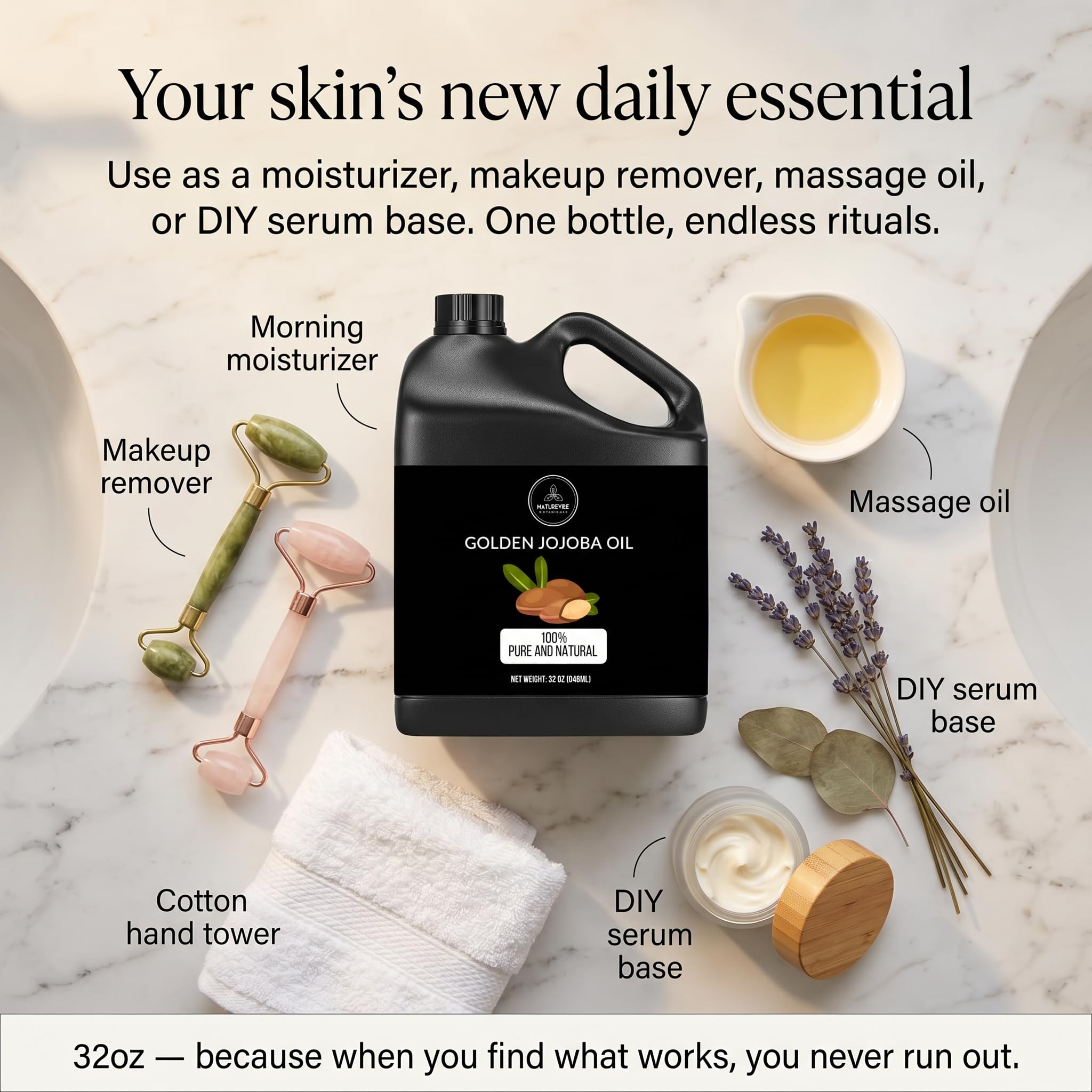 Naturevibe Botanicals pouring jojoba oil into hand for quick, non-greasy hydration