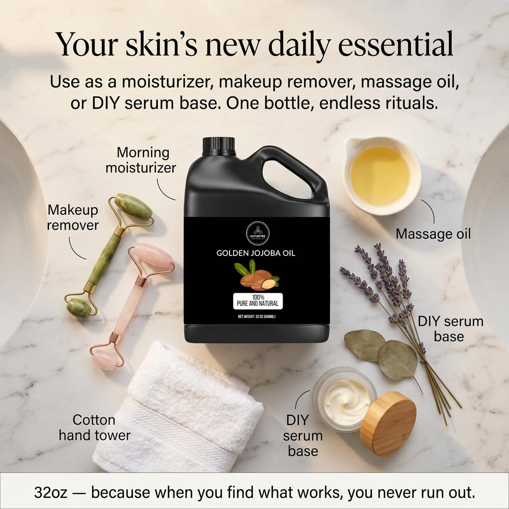 Naturevibe Botanicals pouring jojoba oil into hand for quick, non-greasy hydration
