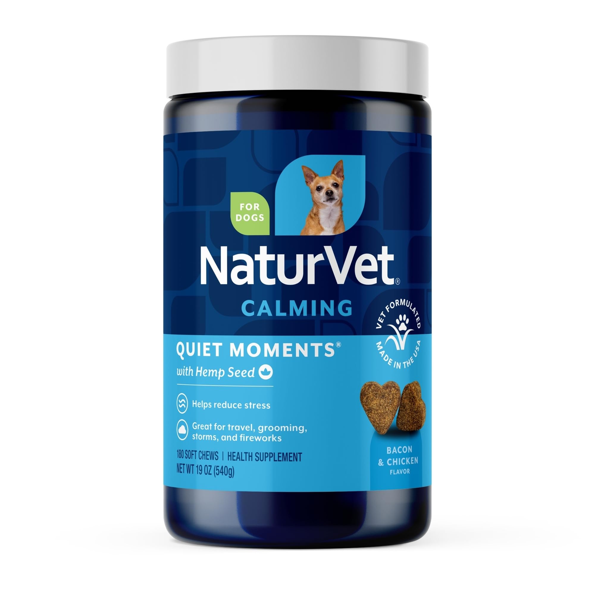 NaturVet jar front view showing calming soft chews and product count benefits