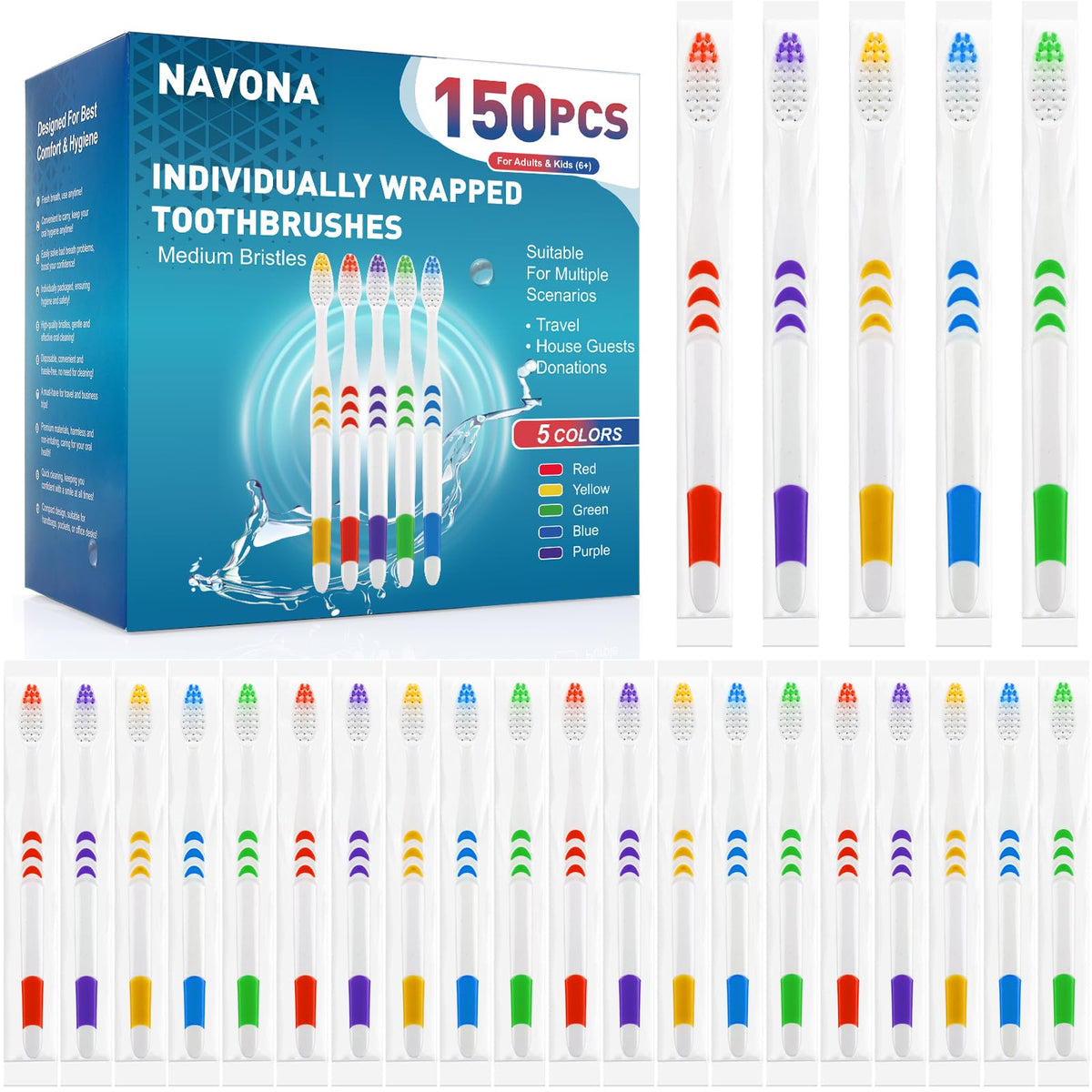Navona front packaging showing 150-piece bulk toothbrush set for value