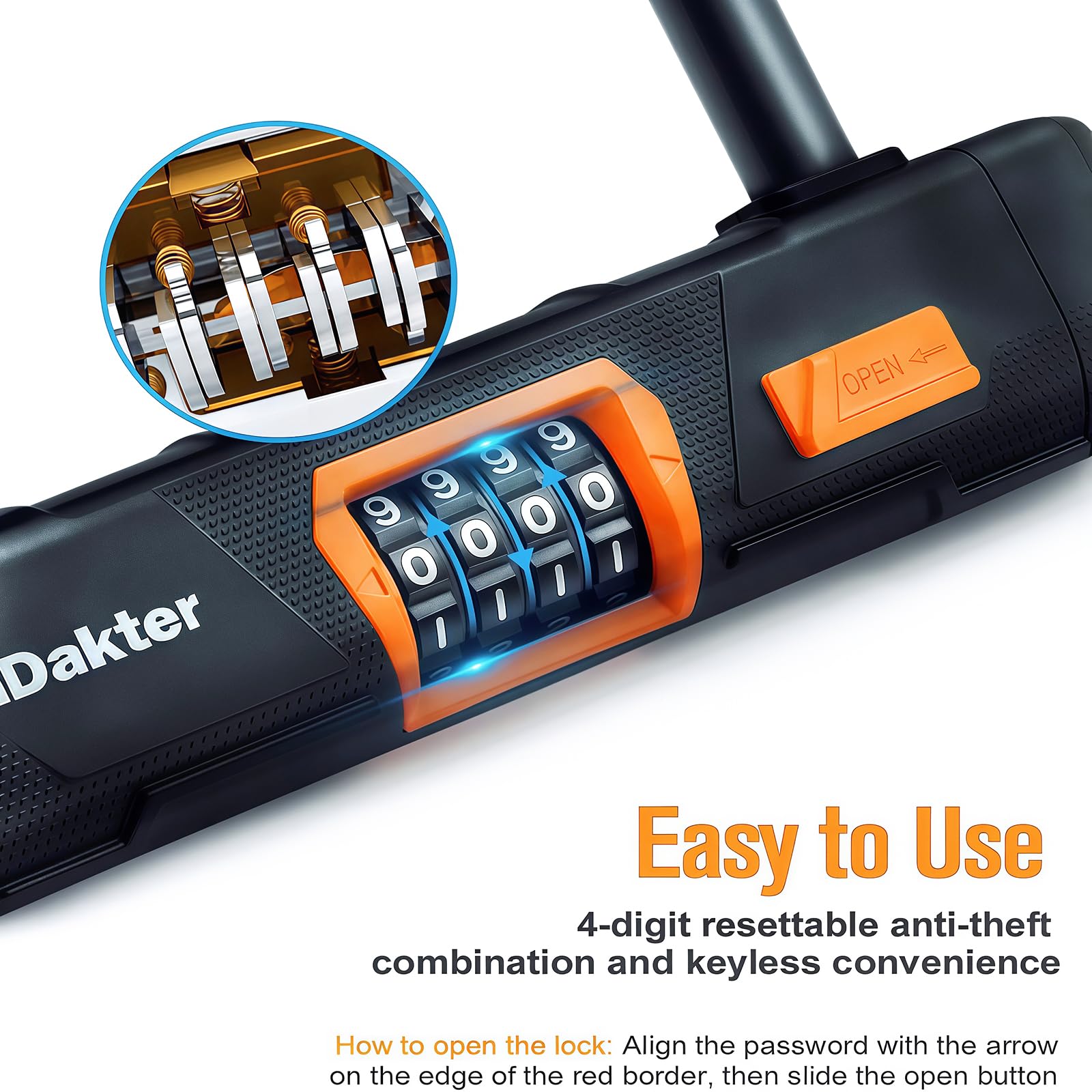 NDakter close-up of four-digit dial and zinc alloy head for easy code reset