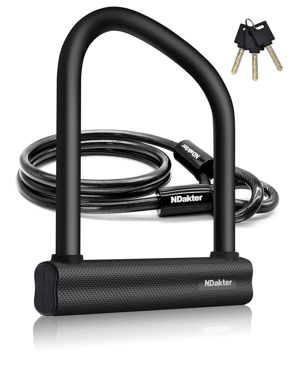 NDakter front view showing U lock and 6ft cable for secure parking