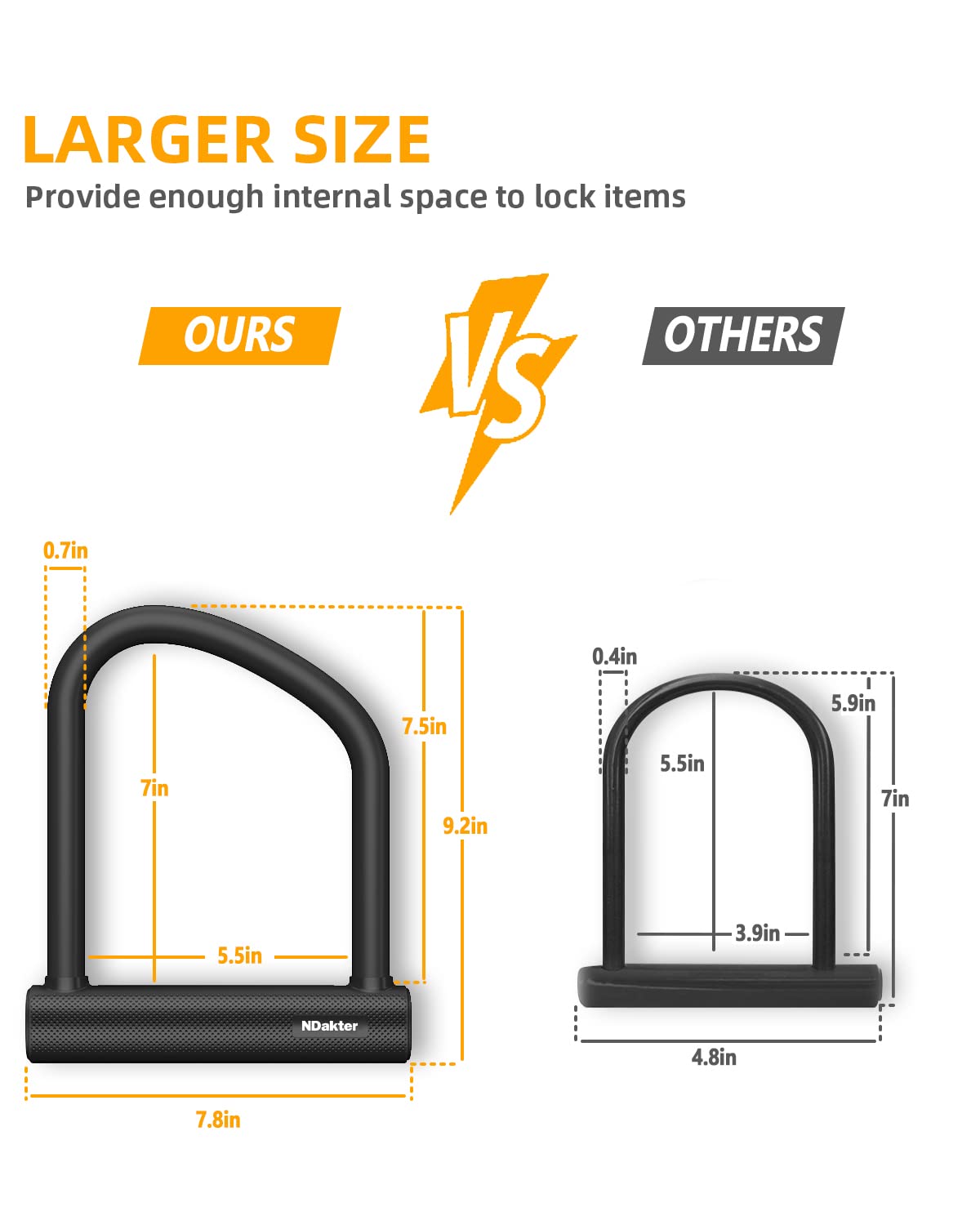 NDakter close-up of 18mm hardened steel shackle showing cut resistance