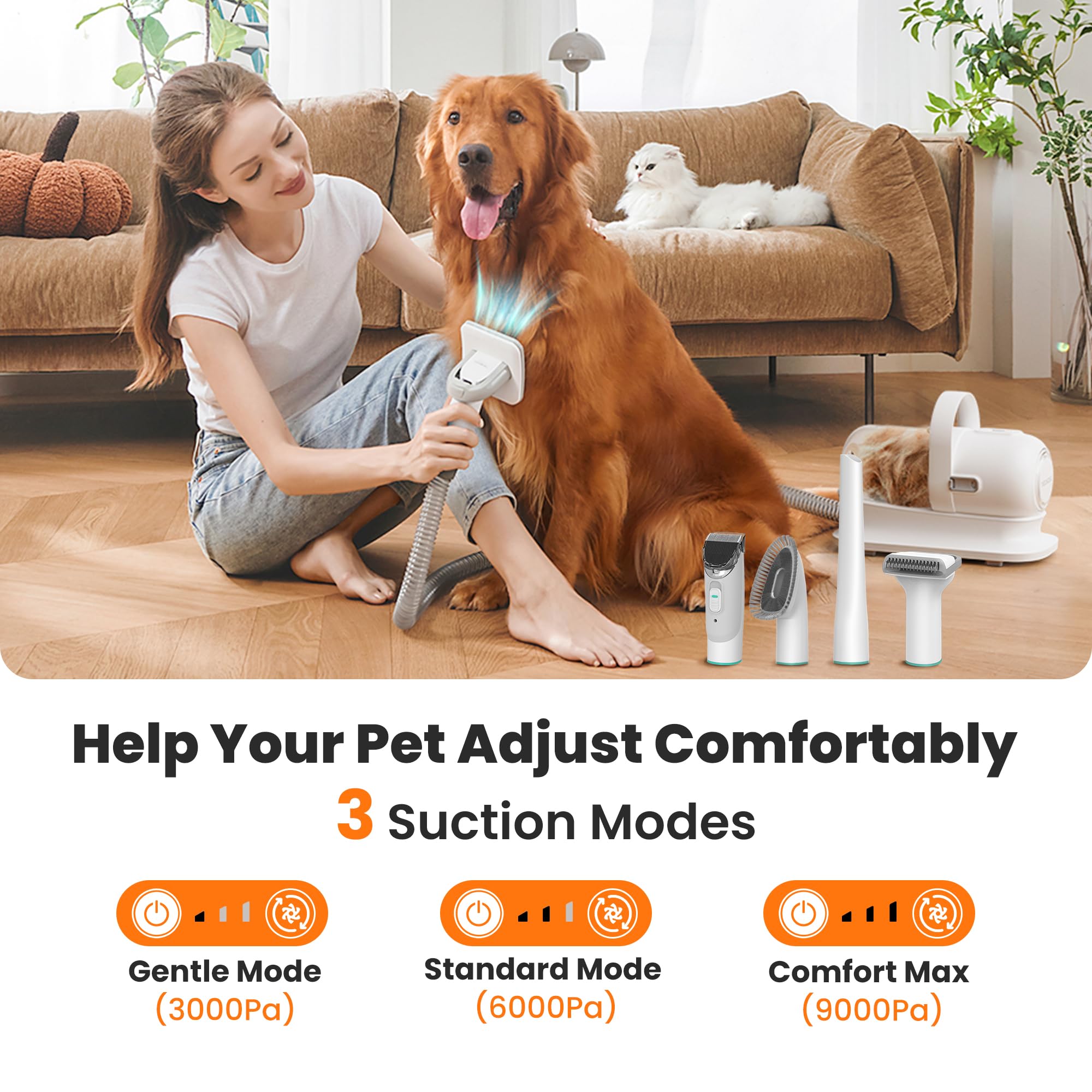 Neakasa P1 Pro grooming a calm dog with vacuum capturing loose hair
