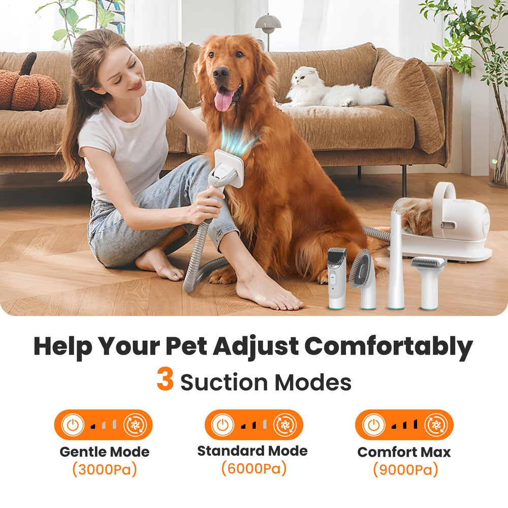 Neakasa P1 Pro grooming a calm dog with vacuum capturing loose hair