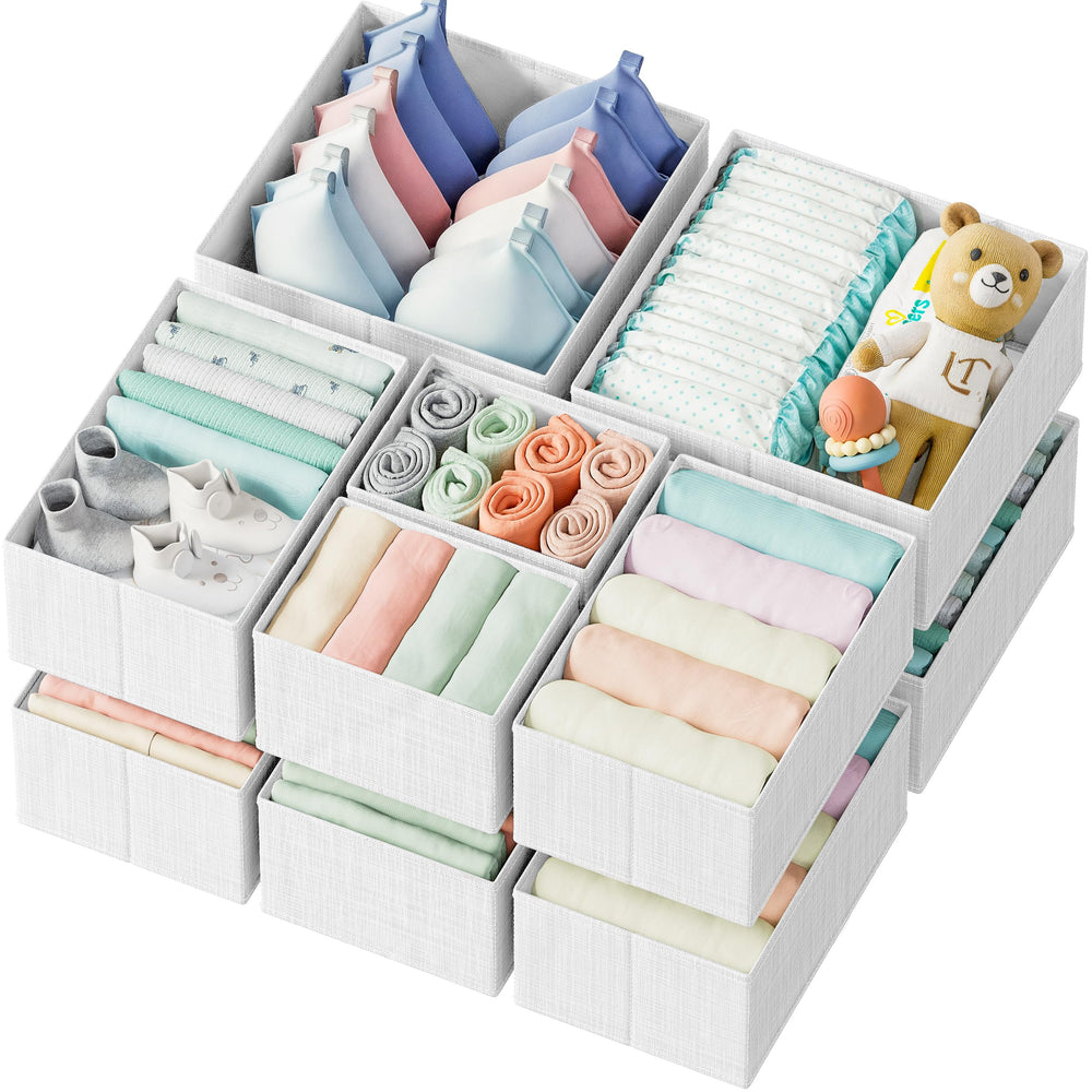 NEATERIZE front-view of 12-piece white-grey drawer organizer set shows tidy storage benefit