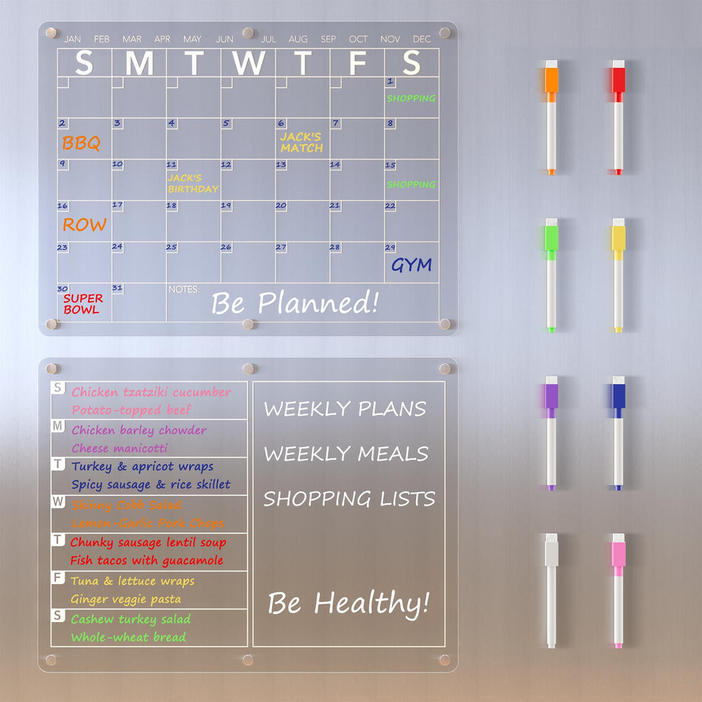 Neatsure front view clear acrylic calendar on fridge showing grid and layout for easy planning