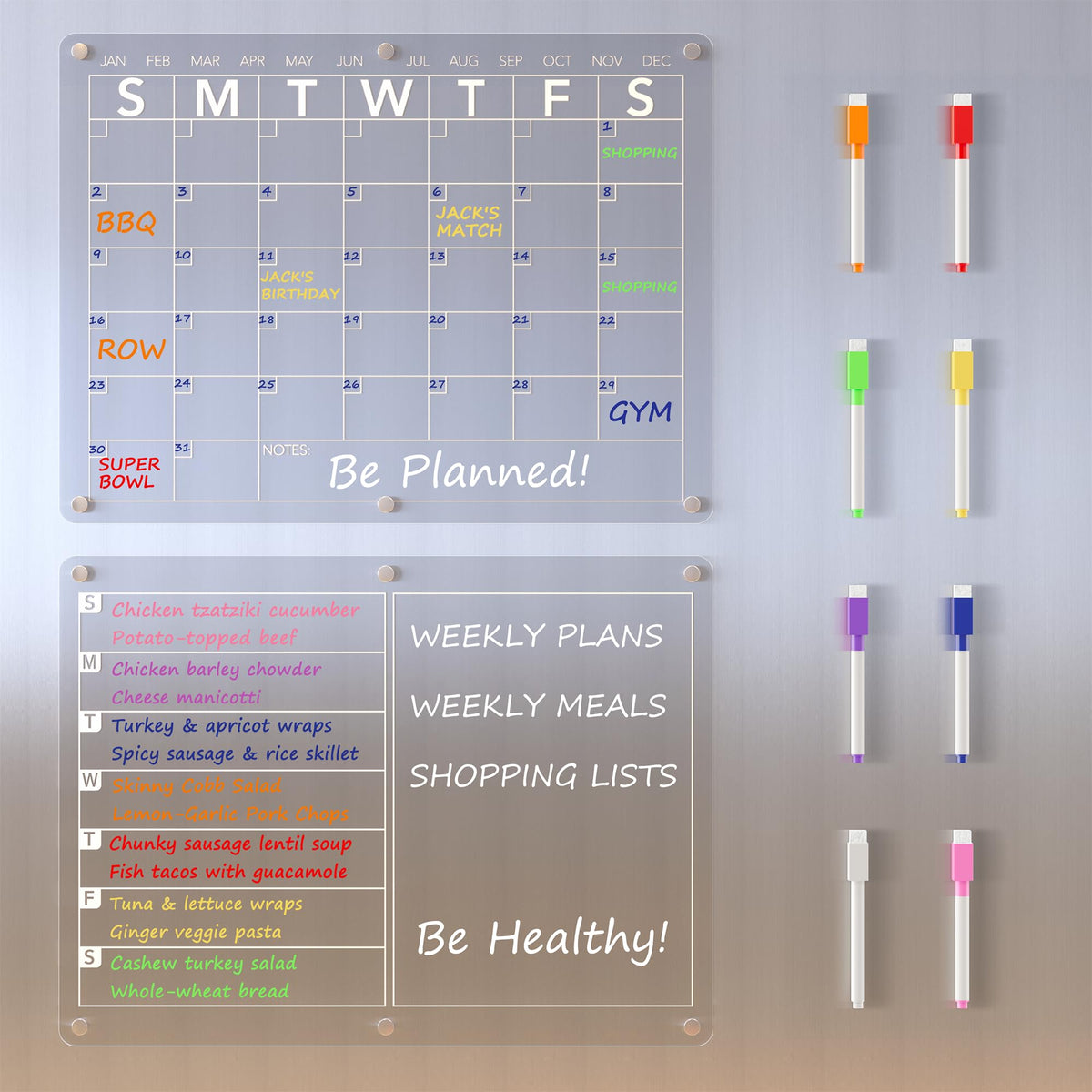 Neatsure front view clear acrylic calendar on fridge showing grid and layout for easy planning