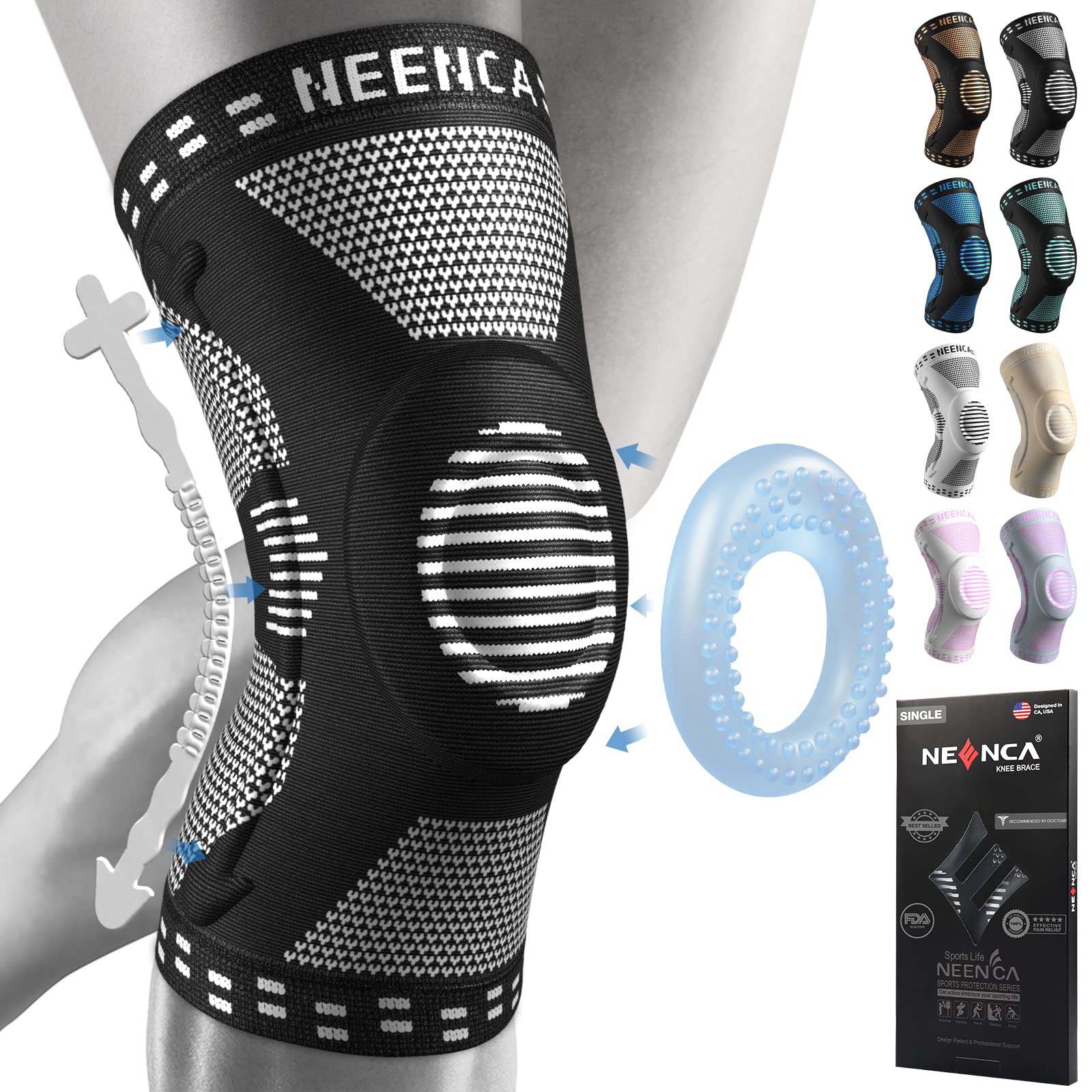 NEENCA knee brace front view showing stable fit and compression benefit